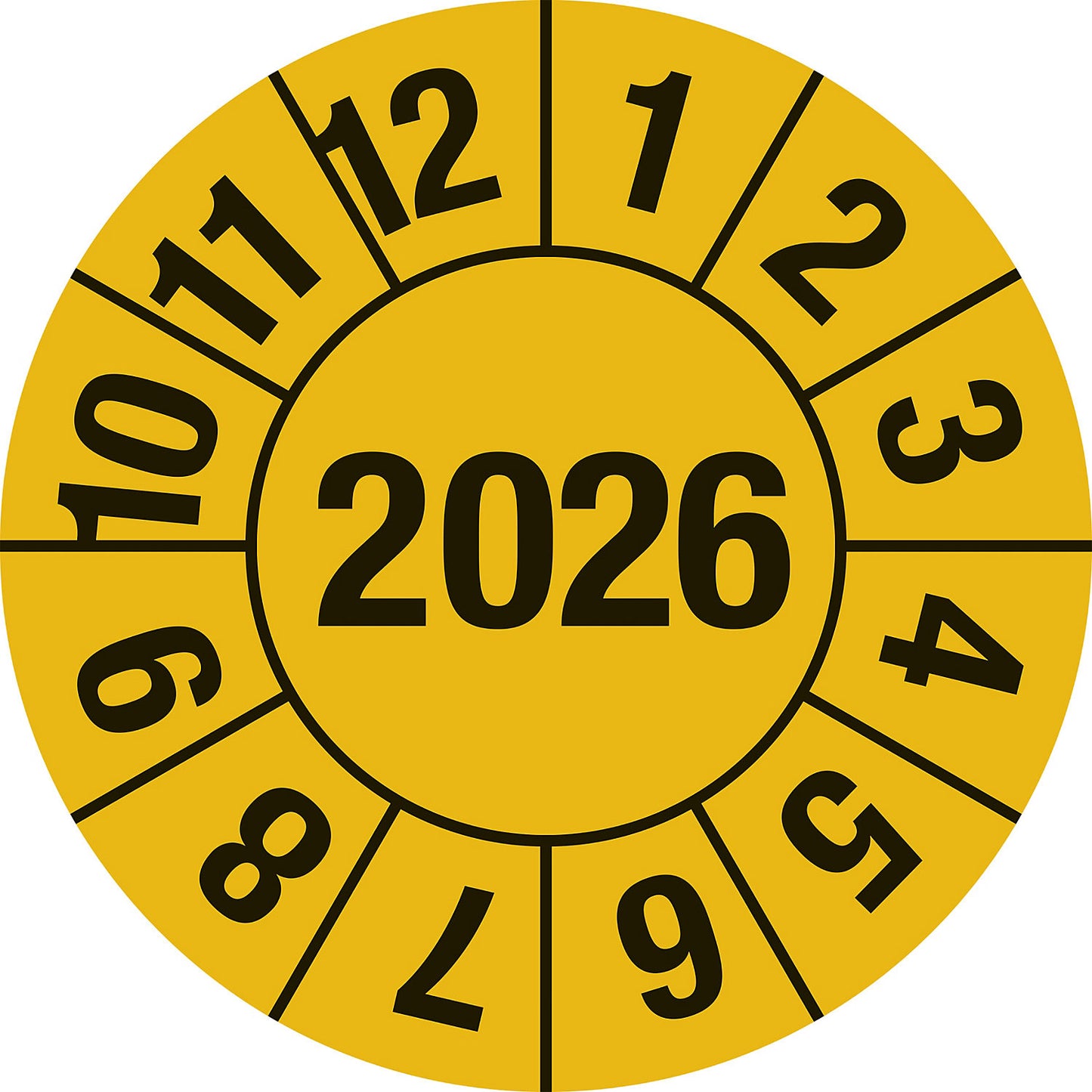Test placard, 4 digit year, document film, Ø 15 mm, 2026, yellow.