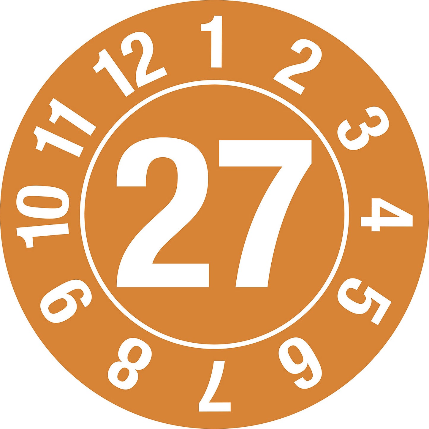 Test placard, year, document film, in a circle, Ø 10 mm, 27, orange.