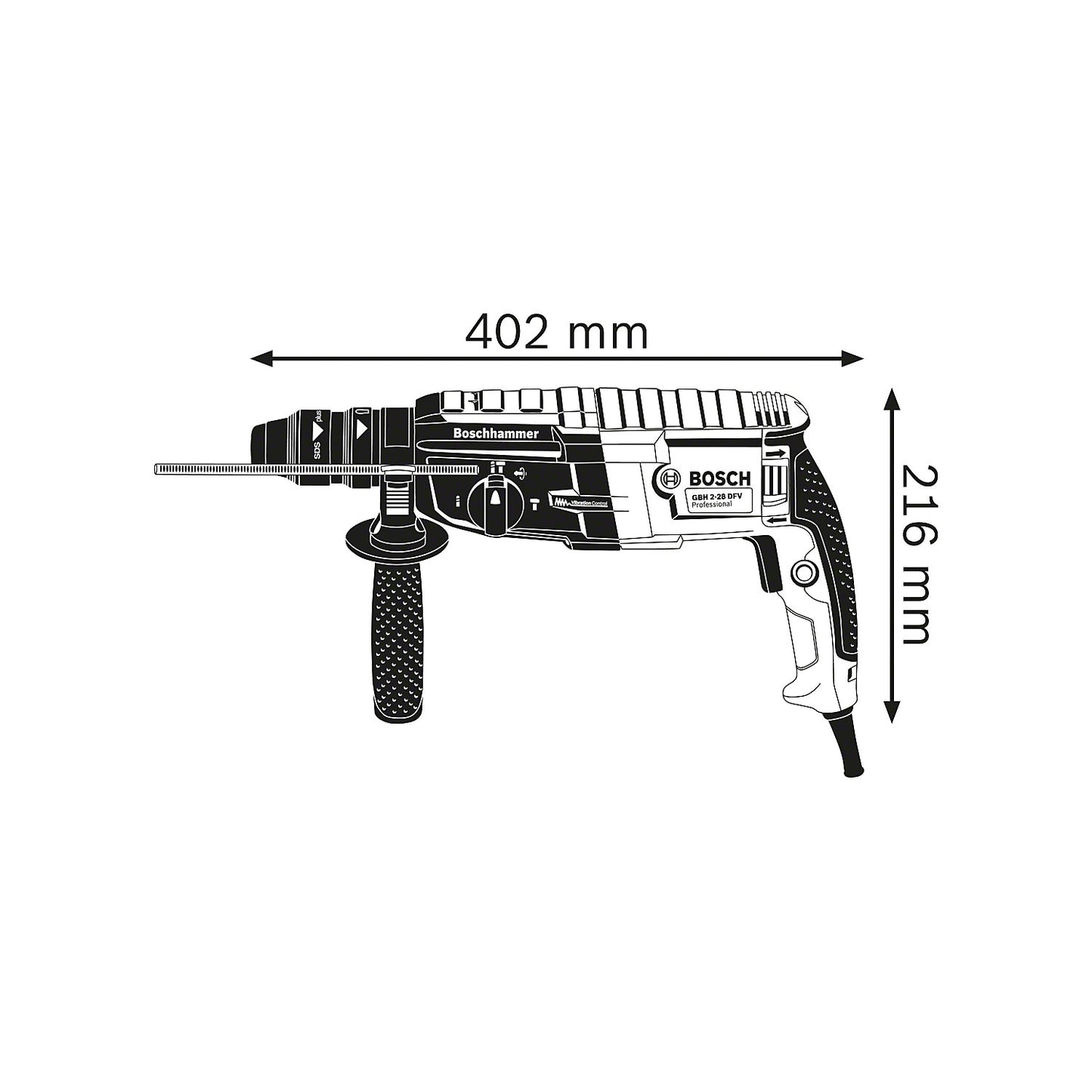 GBH 2-28 F SDS plus Professional hammer drill, in a handyman's case with additional handle, impact energy 3.2 J.