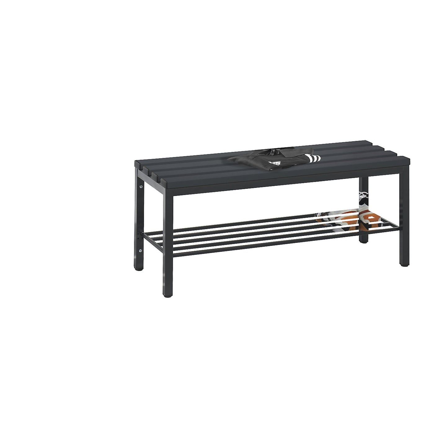 BASIC changing room bench, plastic slats, length 1000 mm, black grey, shoe rack.