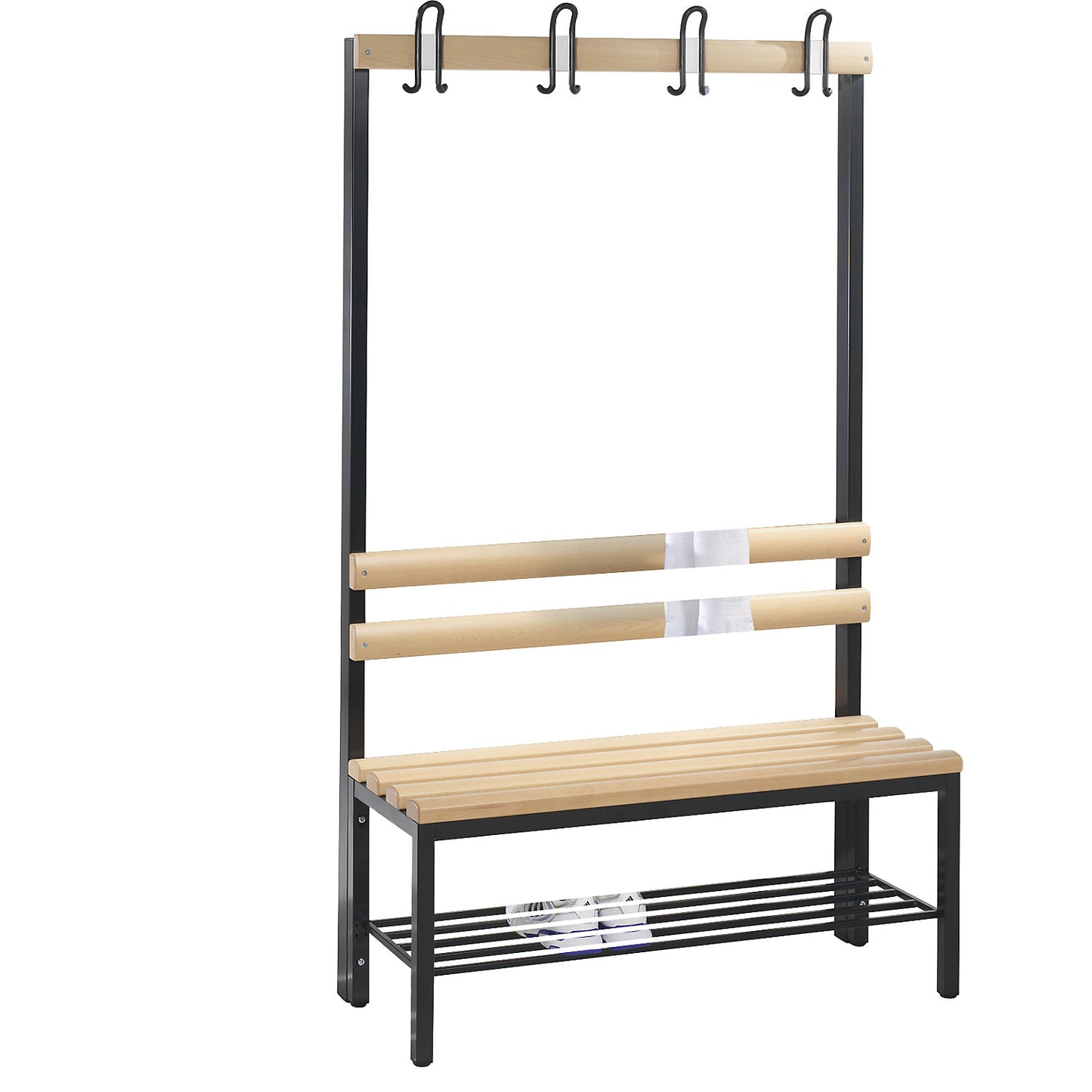 BASIC changing room bench, single sided, beech wood slats, length 1000 mm, shoe rack.
