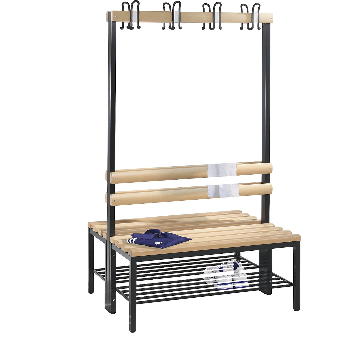 BASIC changing room bench, double sided, beech wood slats, length 1000 mm, shoe rack.