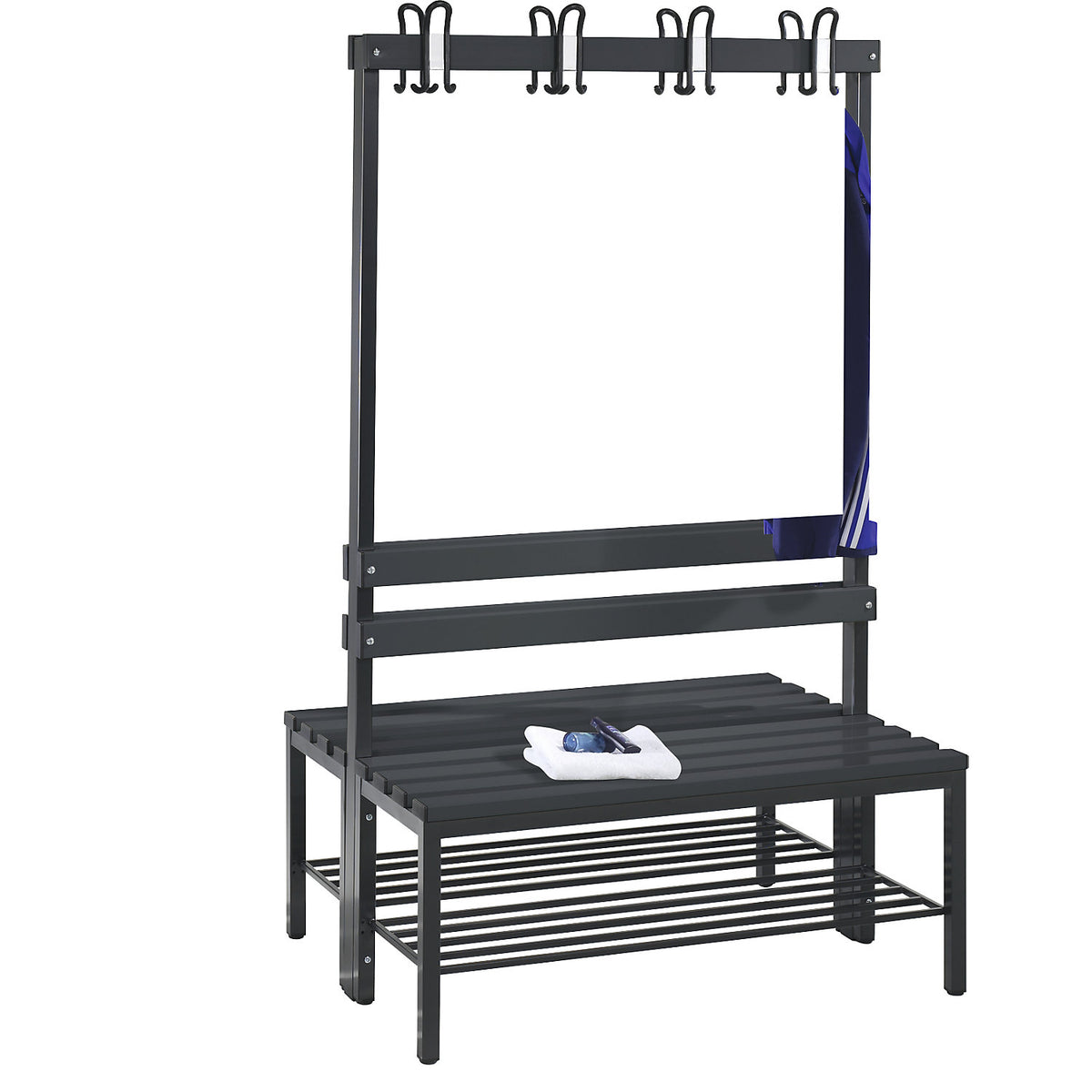 BASIC changing room bench, double sided, plastic slats, length 1000 mm, black grey, shoe rack.