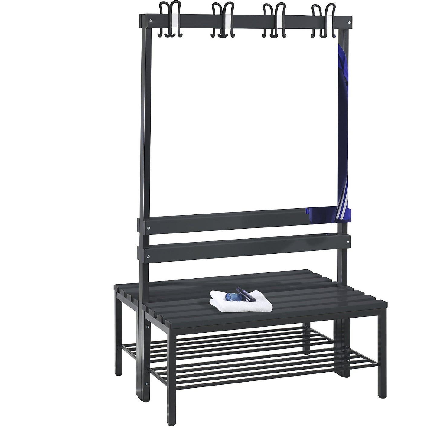 BASIC changing room bench, double sided, plastic slats, length 1000 mm, black grey, shoe rack.