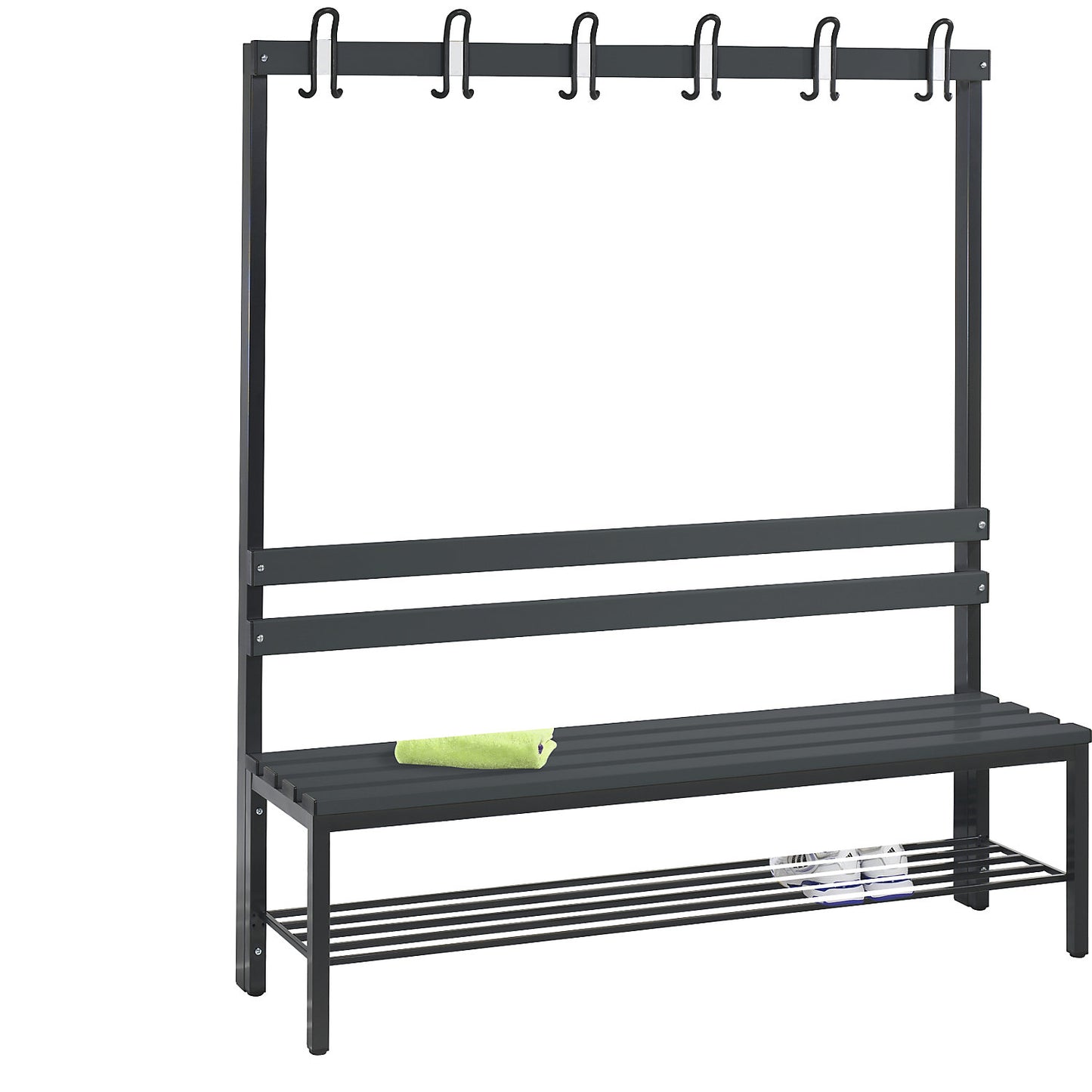 BASIC changing room bench, single sided, plastic slats, length 1500 mm, black grey, shoe rack.