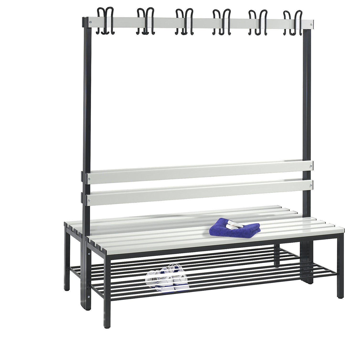 BASIC changing room bench, double sided, plastic slats, length 1500 mm, light grey, shoe rack.