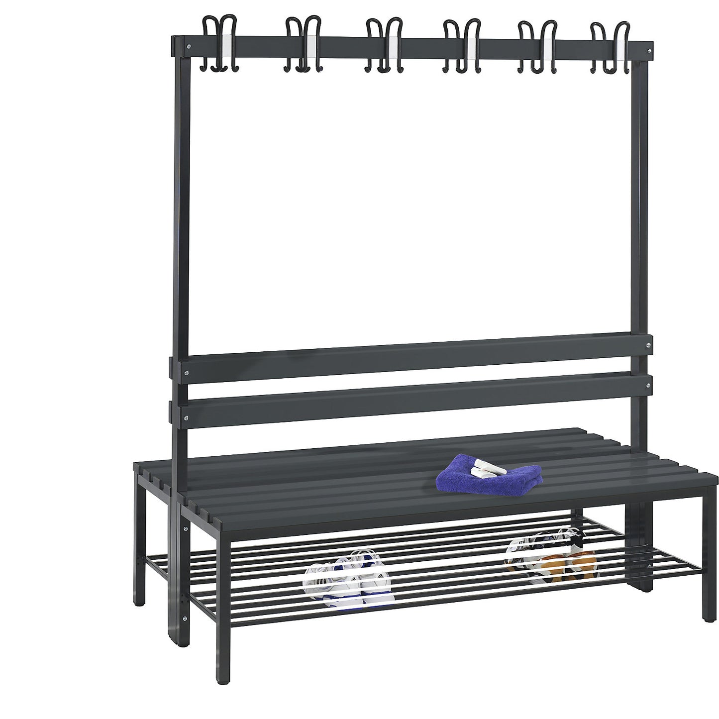 BASIC changing room bench, double sided, plastic slats, length 1500 mm, black grey, shoe rack.