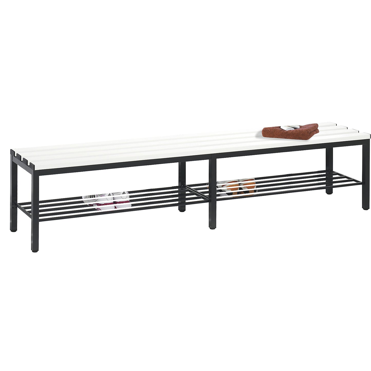 BASIC changing room bench, plastic slats, length 1960 mm, light grey, shoe rack.