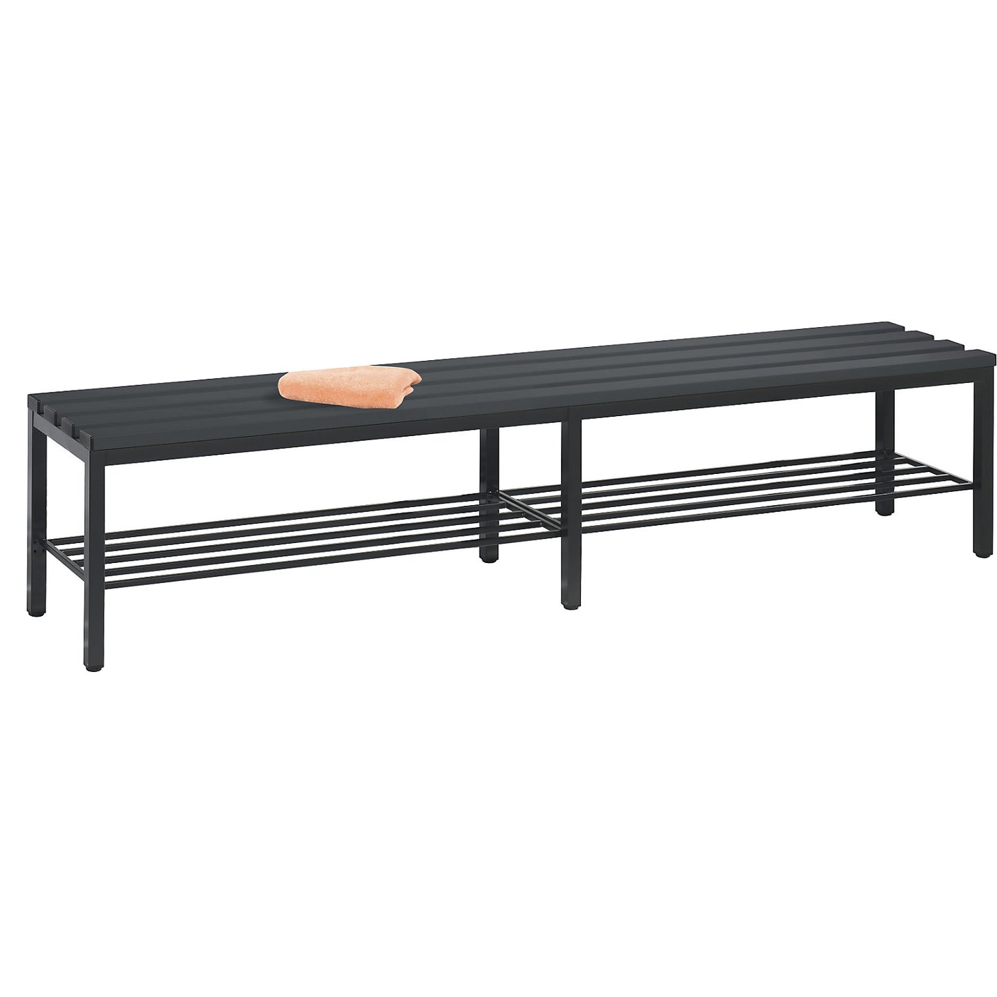 BASIC changing room bench, plastic slats, length 1960 mm, black grey, shoe rack.