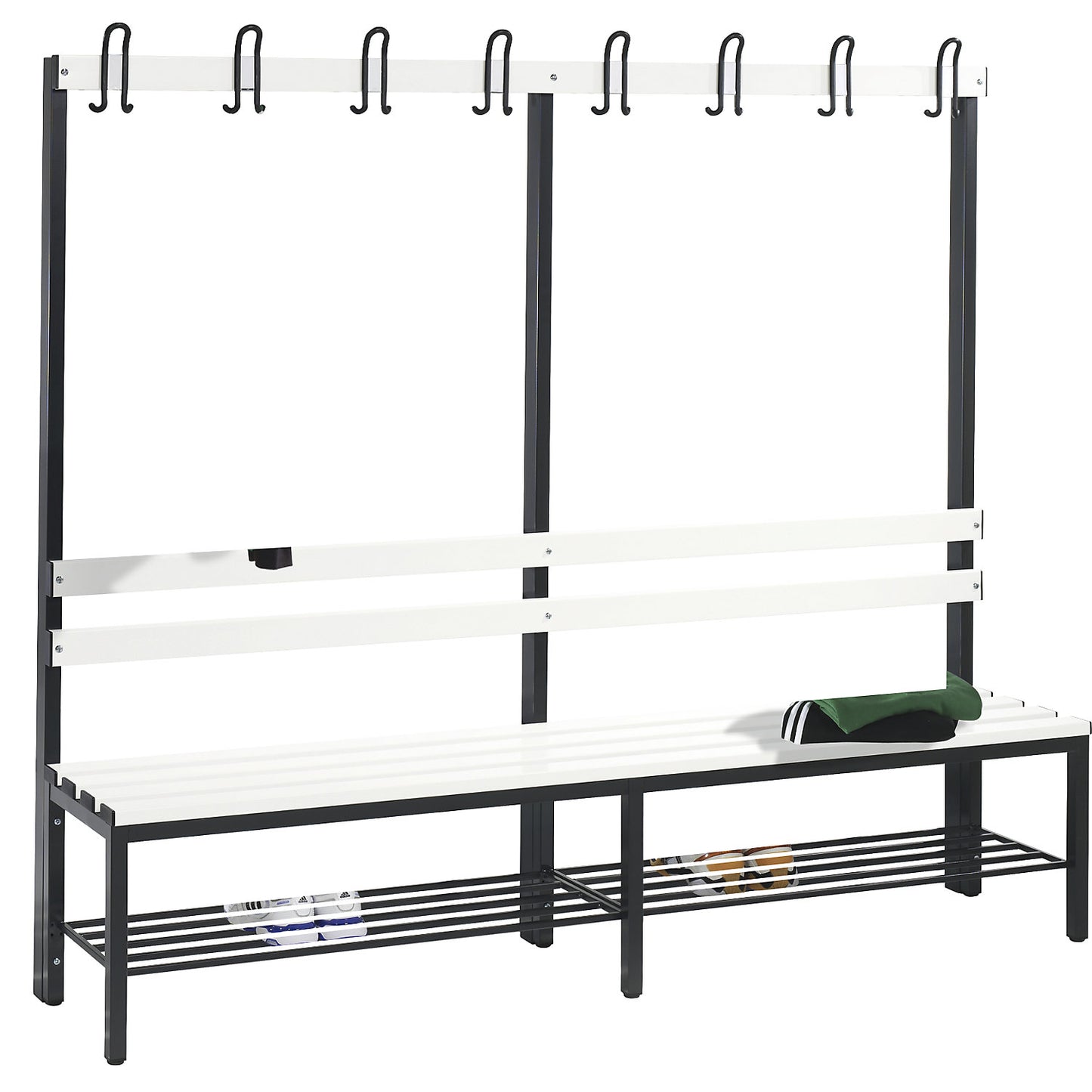 BASIC changing room bench, single sided, plastic slats, length 1960 mm, black grey, shoe rack.