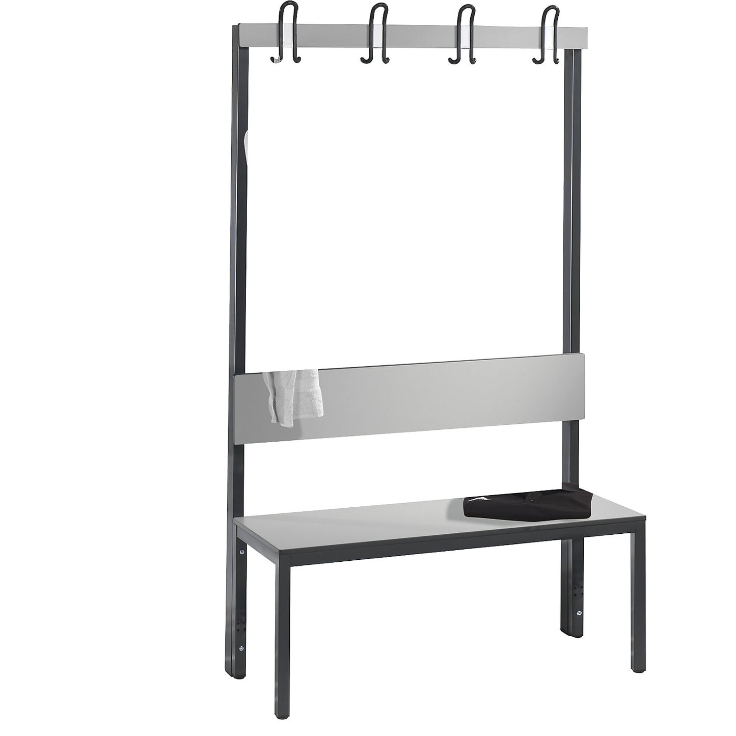 COMFORT changing room bench, single sided, HPL, back rest and hook rail, length 1000 mm, silver grey.