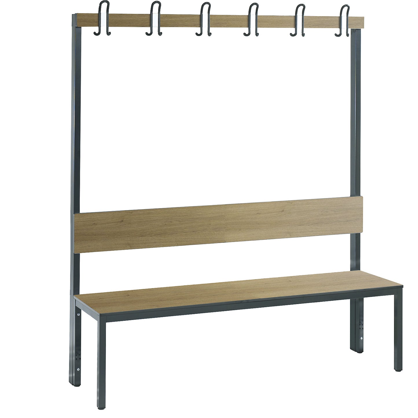 COMFORT changing room bench, single sided, HPL, back rest and hook rail, length 1500 mm, oak finish.