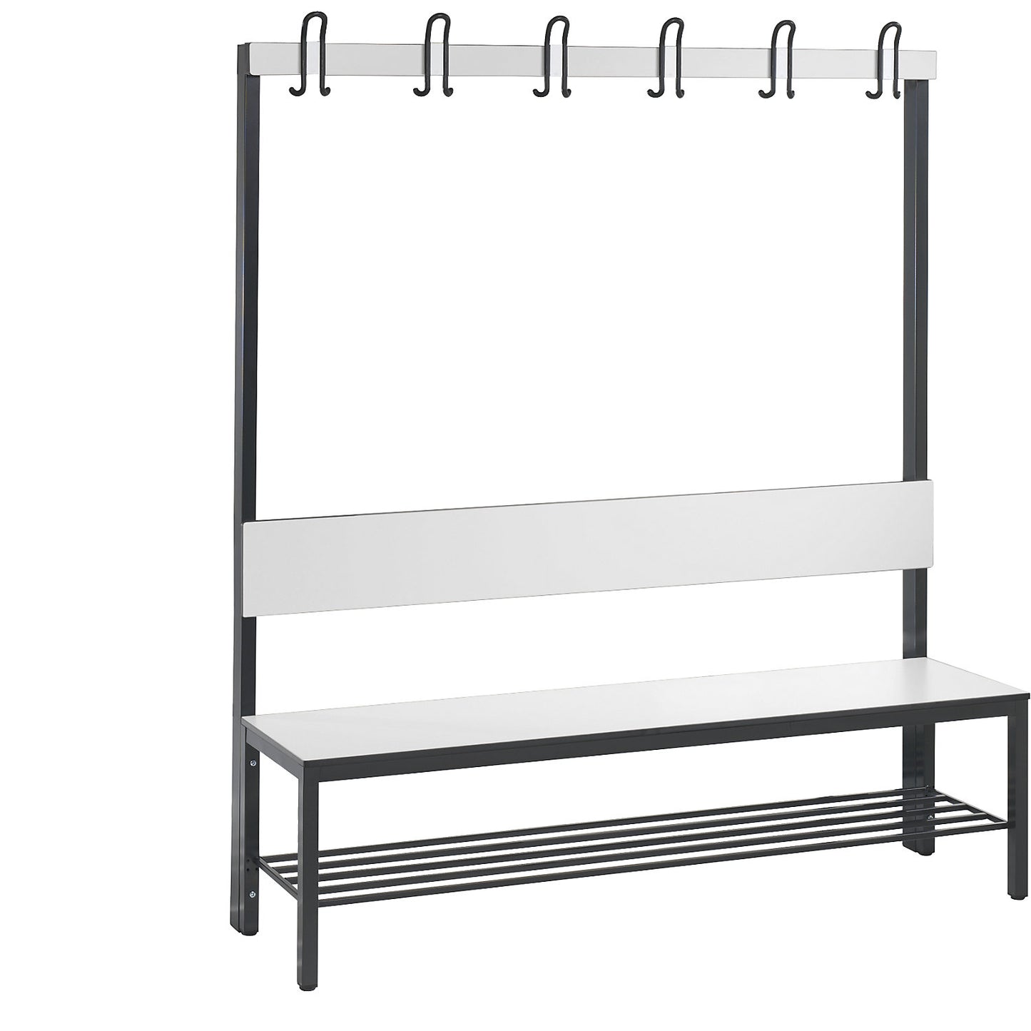 COMFORT changing room bench, single sided, HPL, back rest and hook rail, length 1500 mm, white, shoe rack.