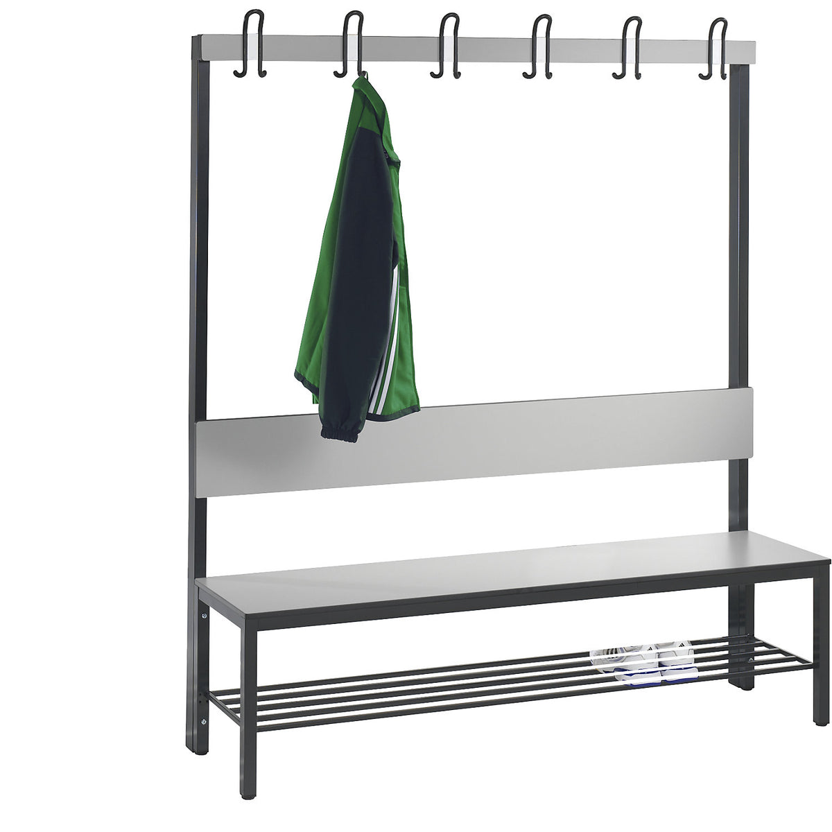 COMFORT changing room bench, single sided, HPL, back rest and hook rail, length 1500 mm, silver grey, shoe rack.