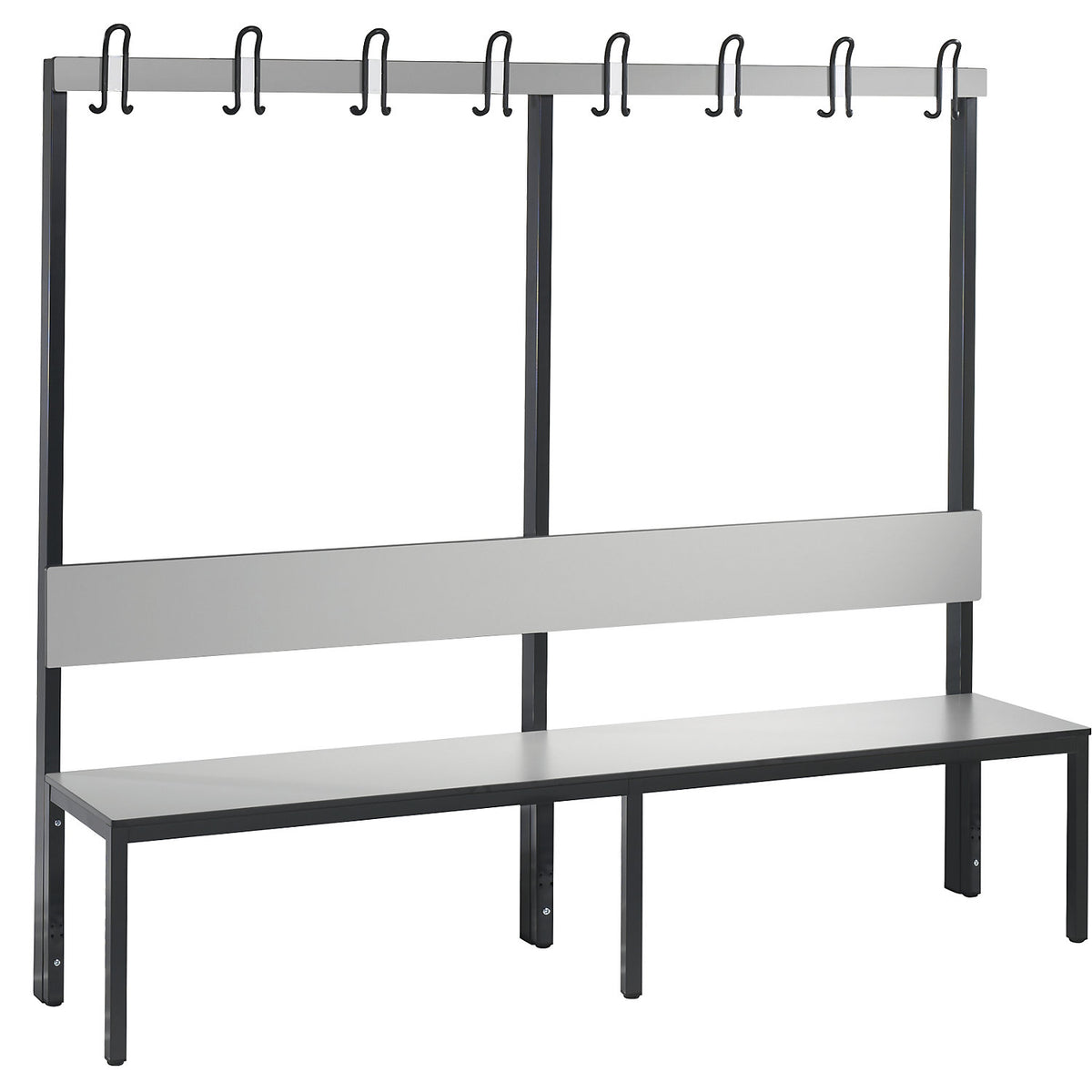 COMFORT changing room bench, single sided, HPL, back rest and hook rail, length 1960 mm, silver grey.