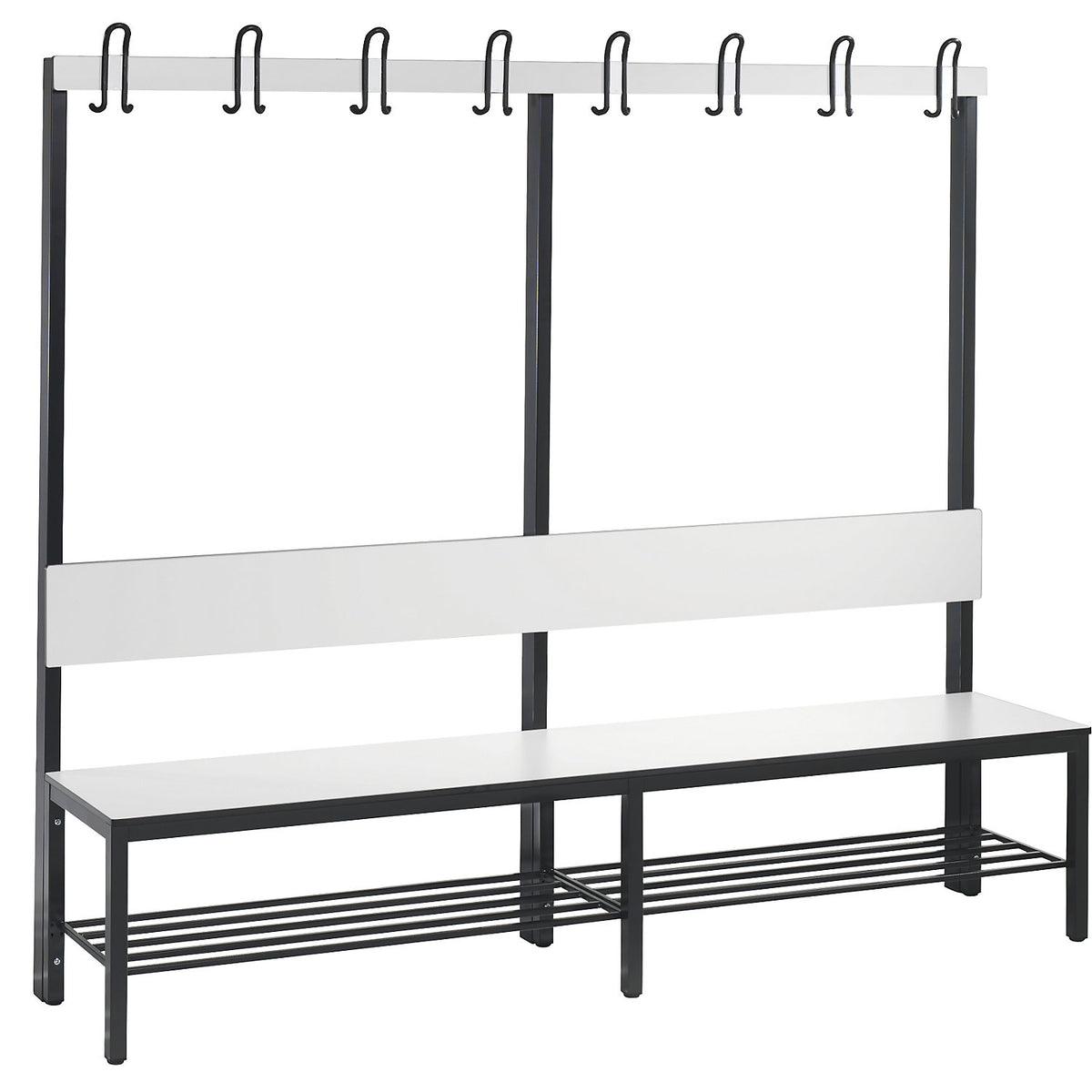 COMFORT changing room bench, single sided, HPL, back rest and hook rail, length 1960 mm, white, shoe rack.