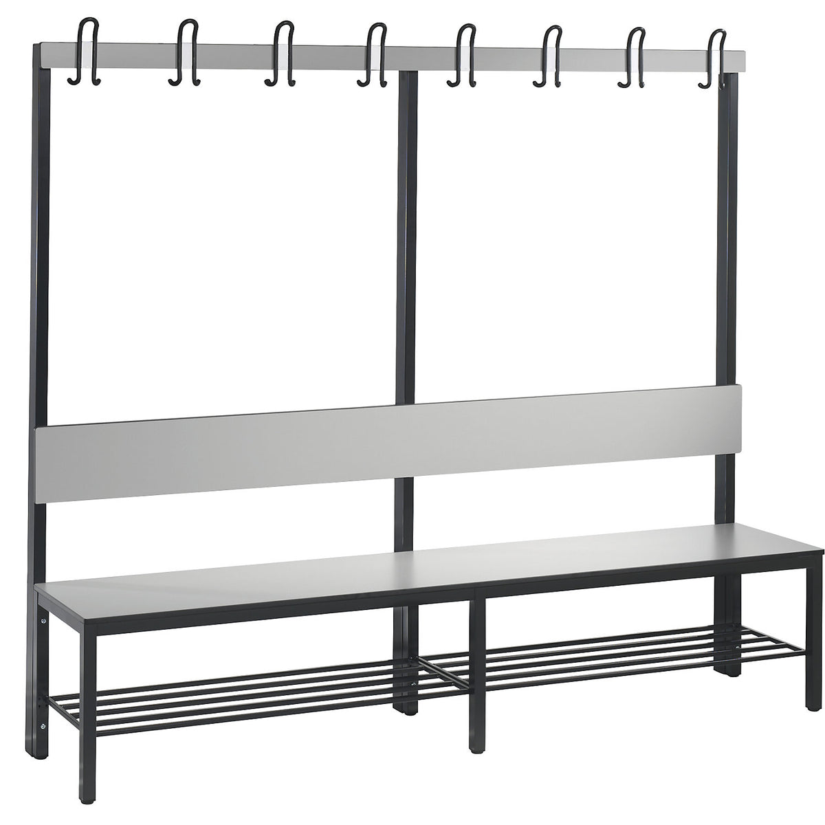 COMFORT changing room bench, single sided, HPL, back rest and hook rail, length 1960 mm, silver grey, shoe rack.