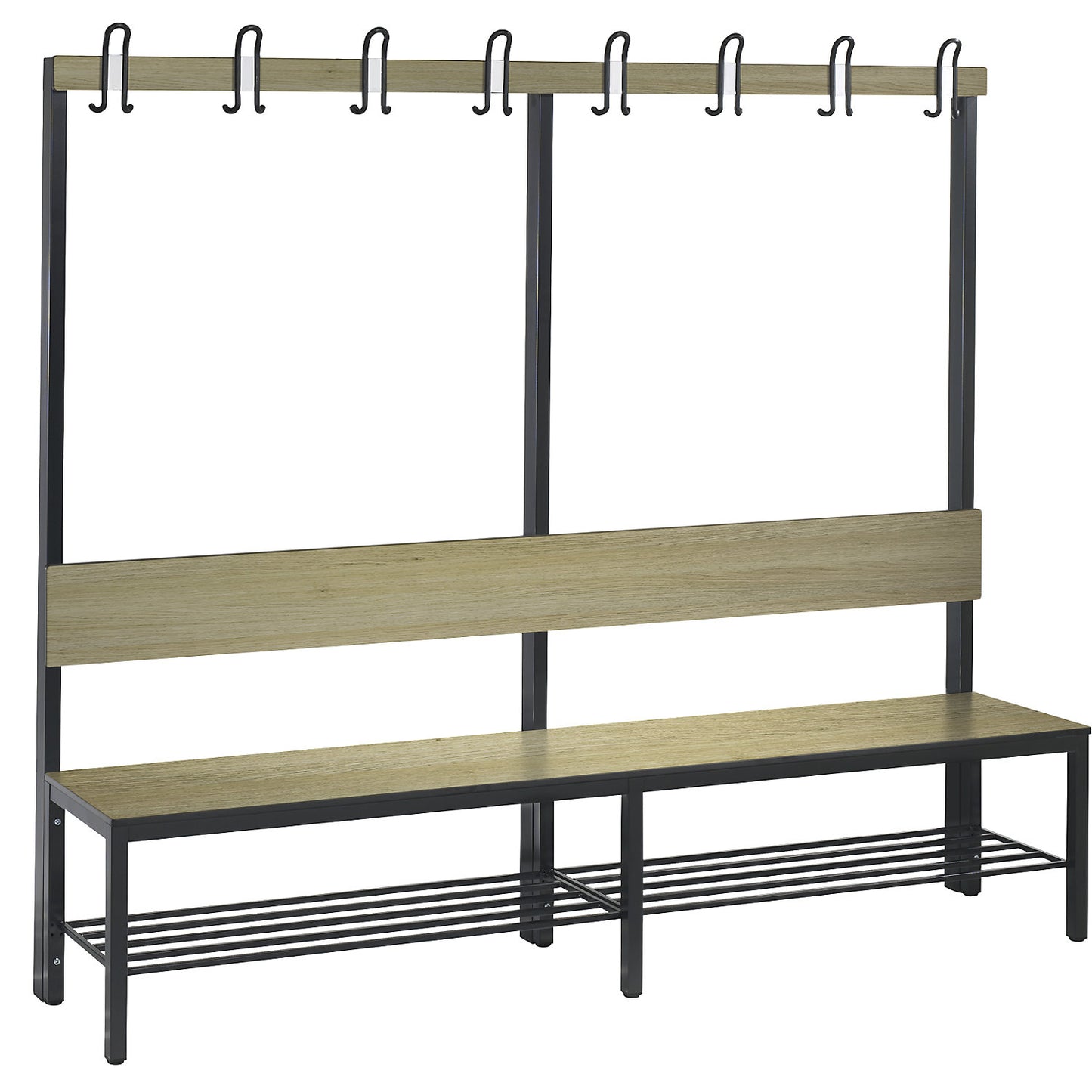 COMFORT changing room bench, single sided, HPL, back rest and hook rail, length 1960 mm, oak finish, shoe rack.