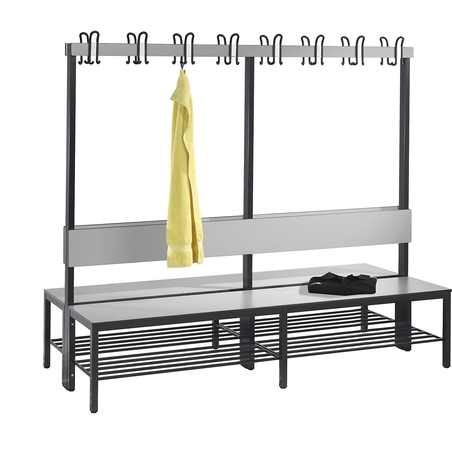 COMFORT changing room bench, double sided, HPL, back rest and hook rail, length 1960 mm, silver grey, shoe rack.