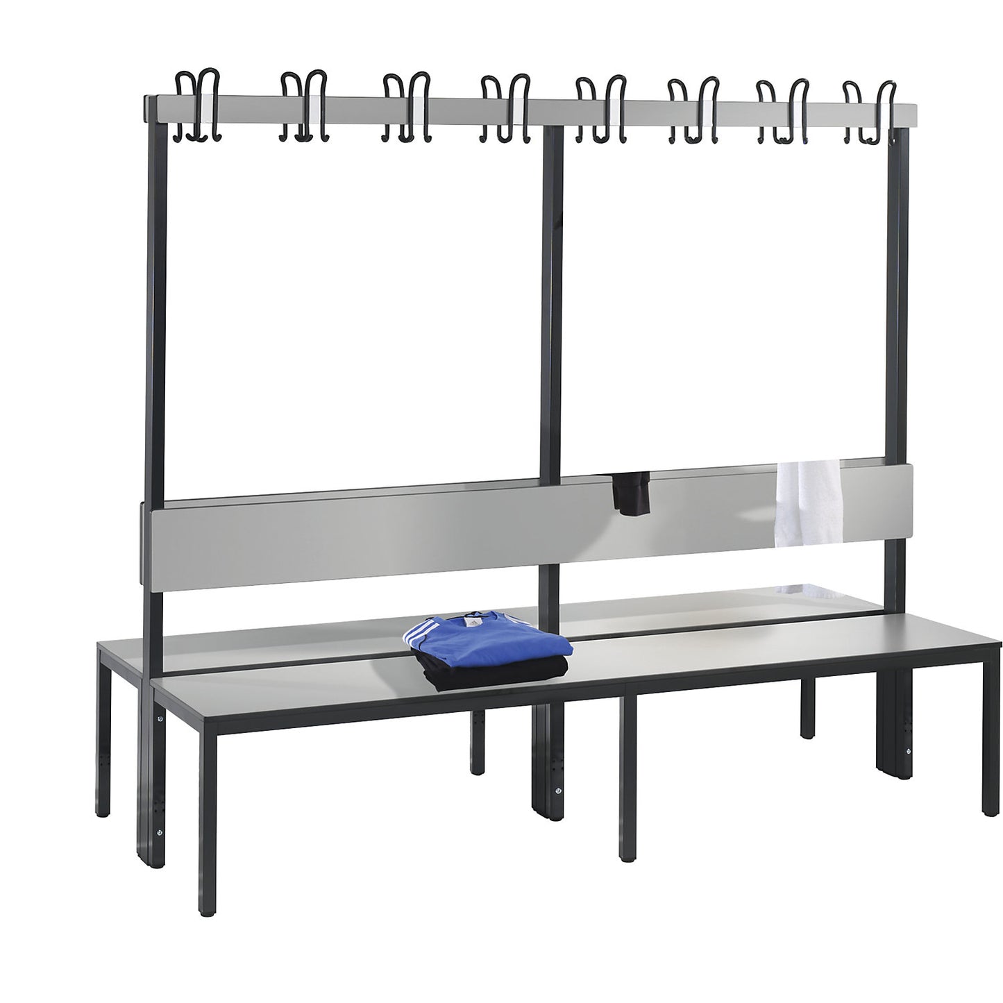 COMFORT changing room bench, double sided, HPL, back rest and hook rail, length 1960 mm, silver grey.