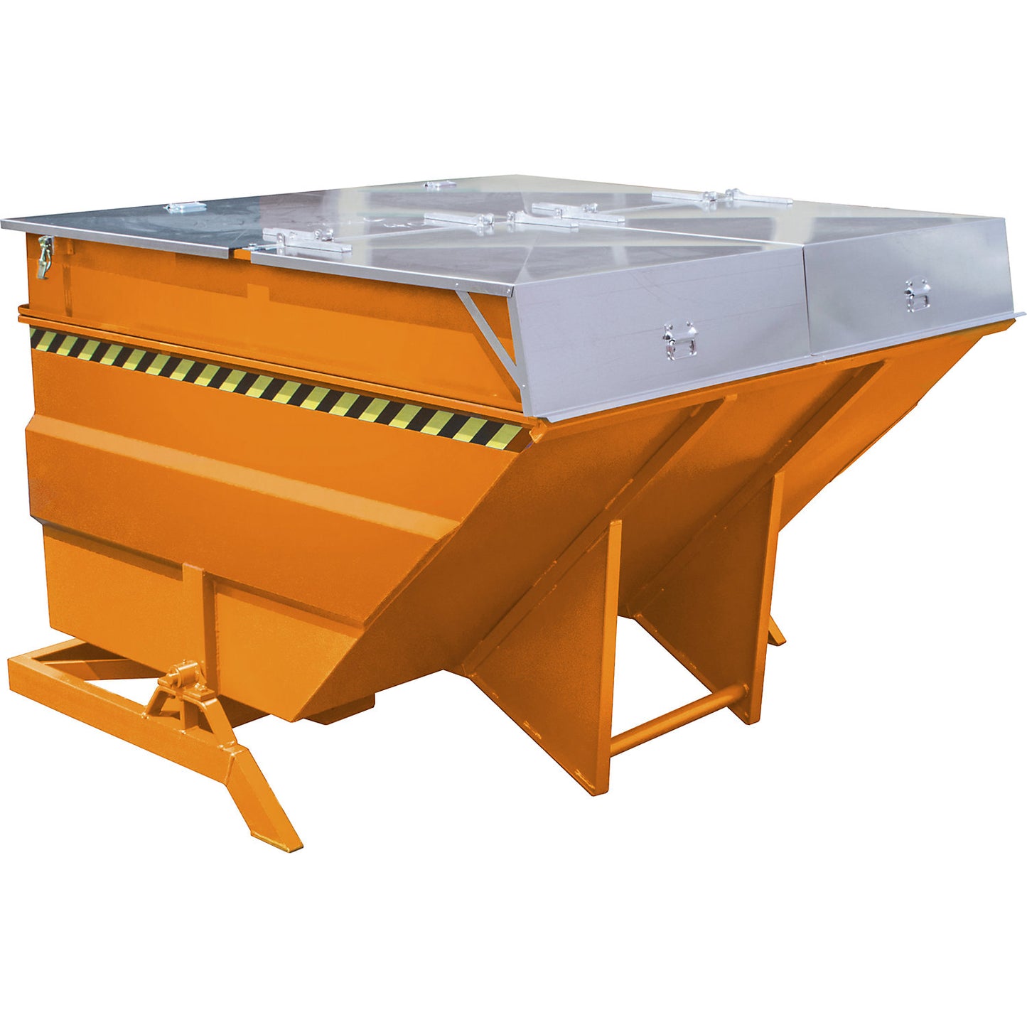 XXL tilting skip with positioning aid, capacity 4 m³, with stacking frame, yellow orange.