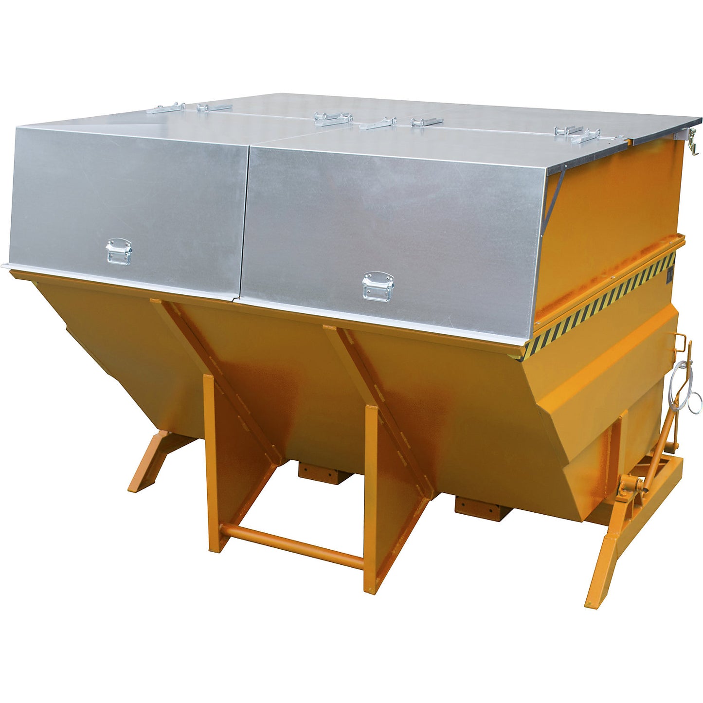 XXL tilting skip with positioning aid, capacity 5 m³, with stacking frame, yellow orange.