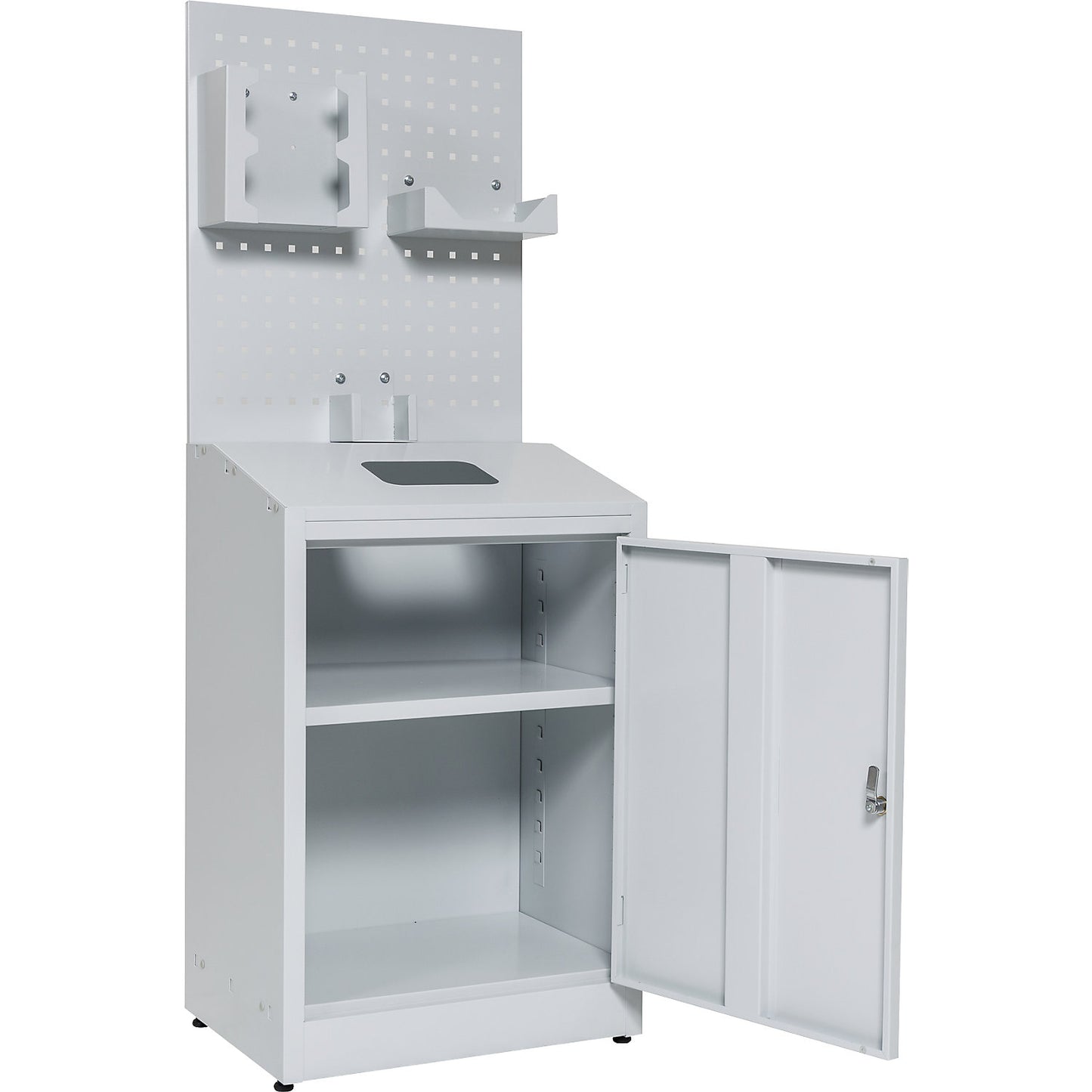 Hygiene station with perforated wall, HxWxD 1480 x 550 x 400 mm, light grey.