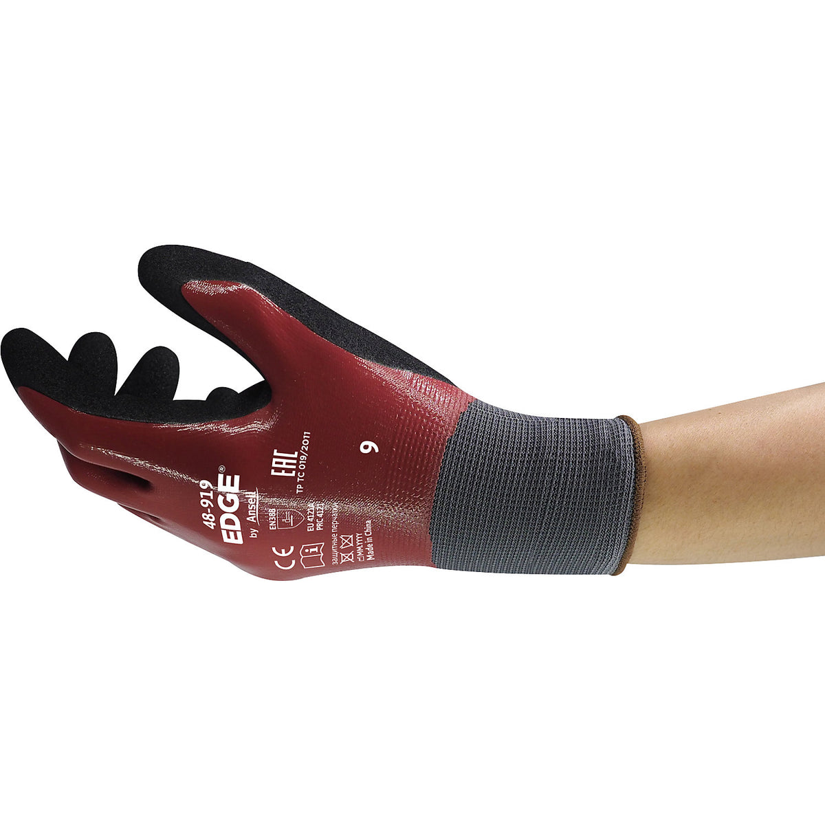 EDGE® 48-919 work gloves, red/black, pack of 12 pairs, size 7.