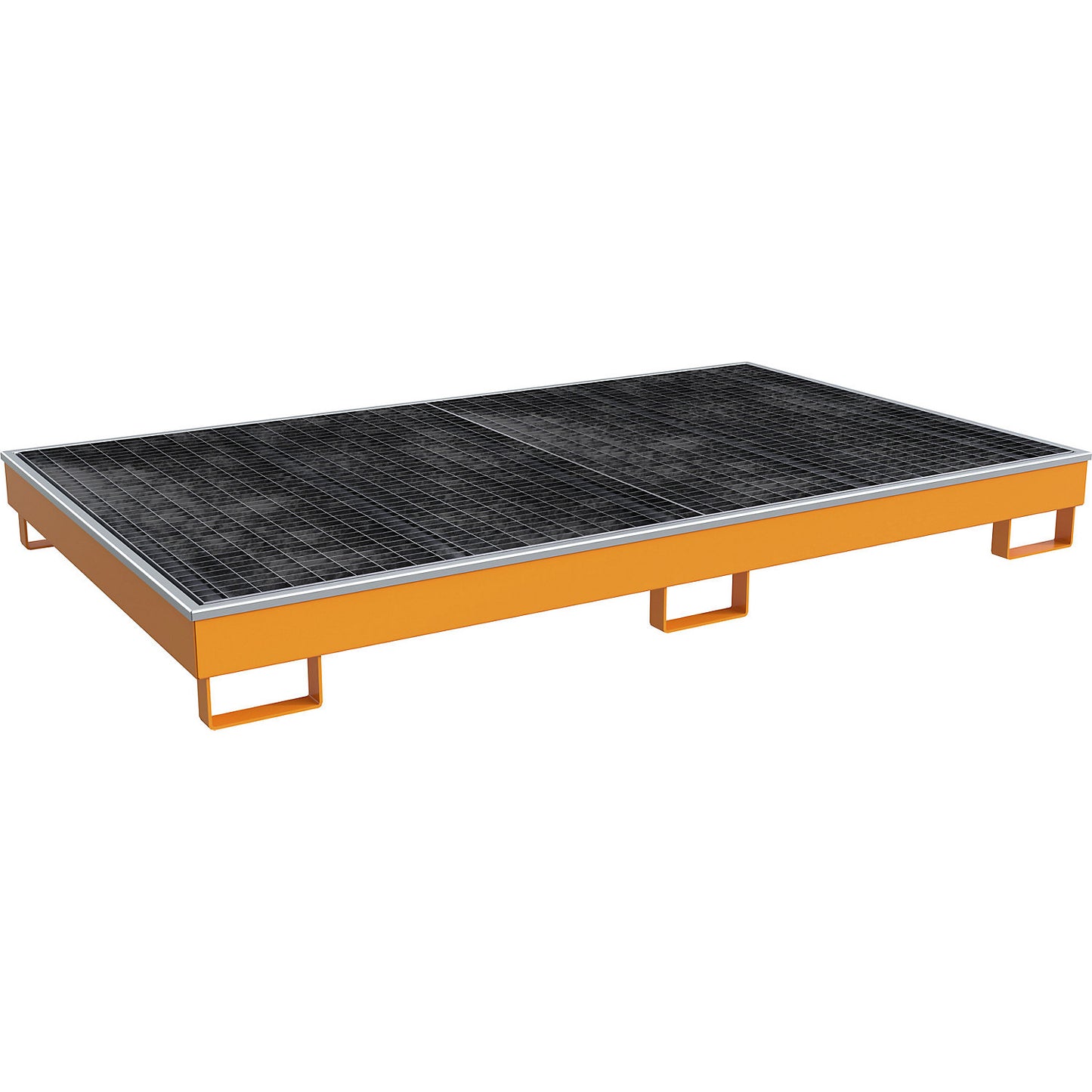 Base sump tray with PE insert, with grate, 240 l, LxWxH 2165 x 1315 x 230 mm, orange.