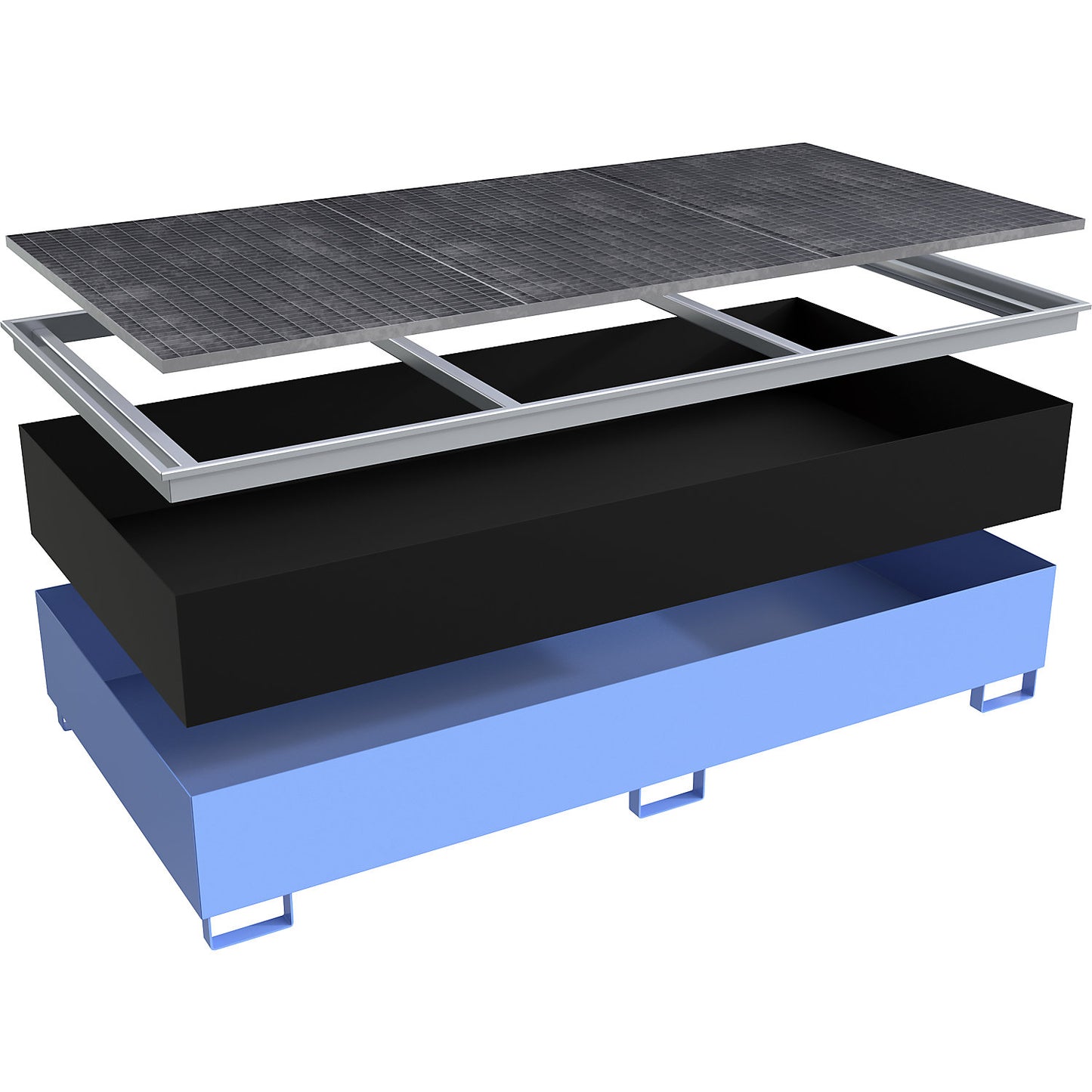 Base sump tray with PE insert, with grate, 1000 l, LxWxH 2665 x 1315 x 440 mm, blue.