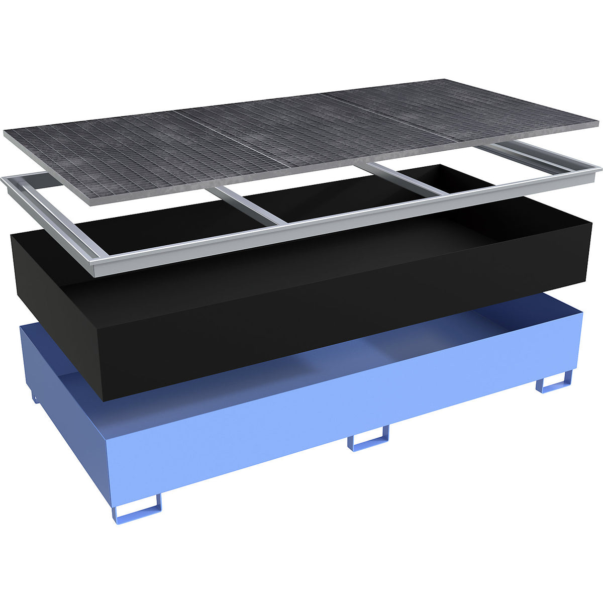 Base sump tray with PE insert, with grate, 1000 l, LxWxH 2665 x 1315 x 440 mm, blue.