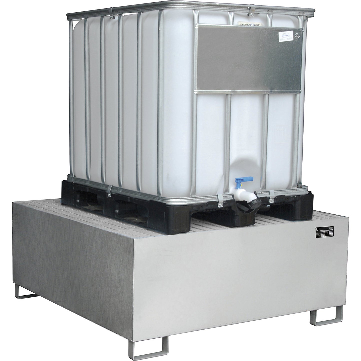 Stainless steel sump tray, for liquid storage container, 1 IBC, LxWxH 1460 x 1460 x 620 mm.