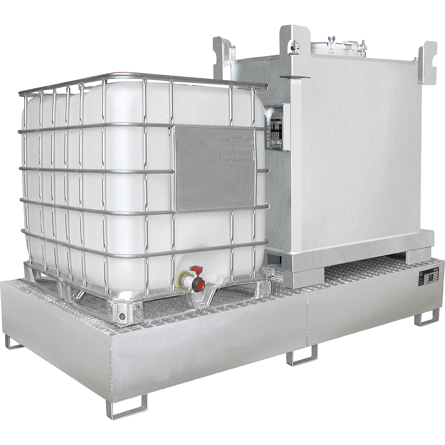Stainless steel sump tray, for liquid storage container, 2 IBC, LxWxH 2650 x 1300 x 435 mm.