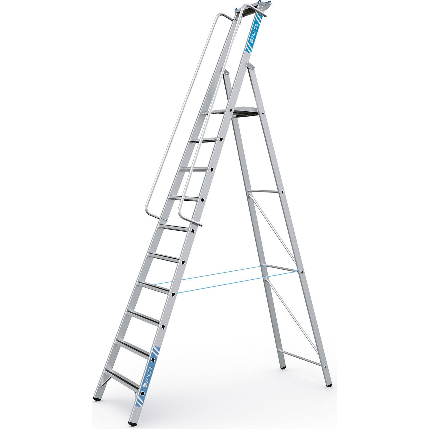 Aluminium step ladder with large platform, with hand rail on both sides, for self-assembly, 10 steps.