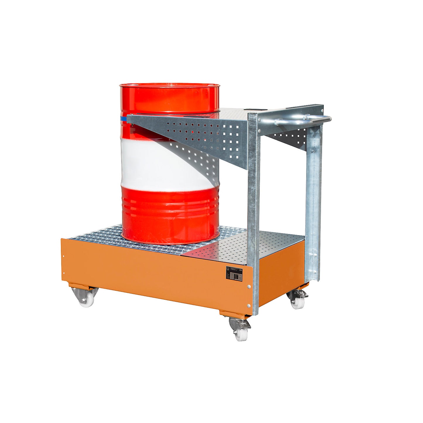 Mobile sump tray with perforated panel bracket, for 1 x 200 l drum, LxWxH 1450 x 800 x 1195 mm, painted yellow orange.