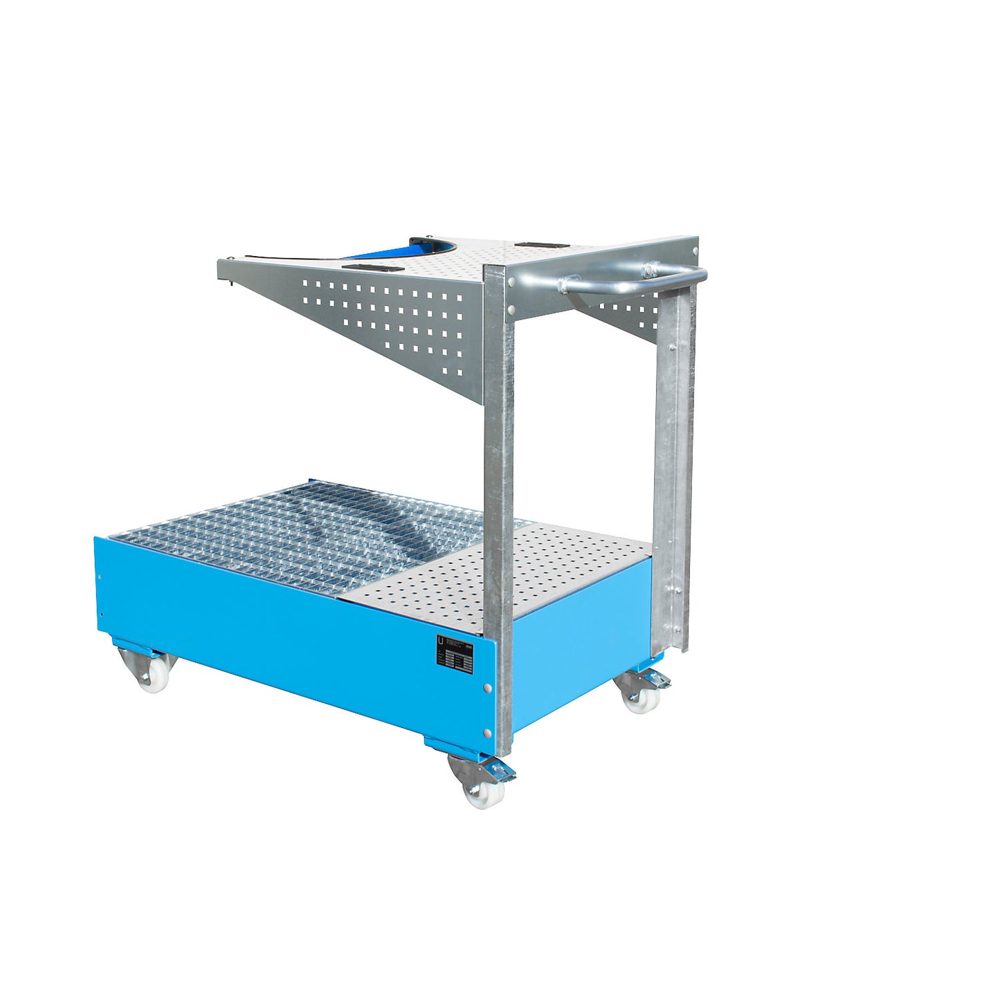 Mobile sump tray with perforated panel bracket, for 1 x 200 l drum, LxWxH 1450 x 800 x 1195 mm, painted light blue.