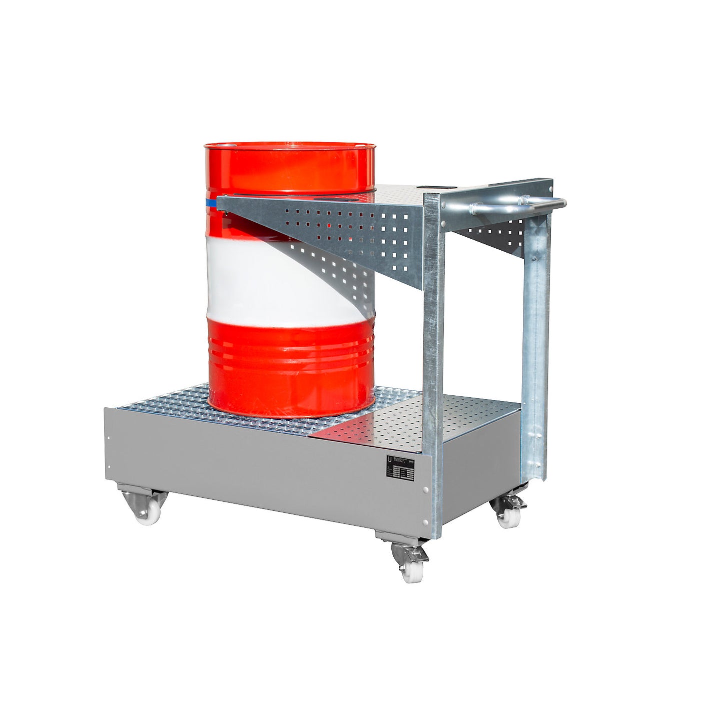 Mobile sump tray with perforated panel bracket, for 1 x 200 l drum, LxWxH 1450 x 800 x 1195 mm, painted mouse grey.