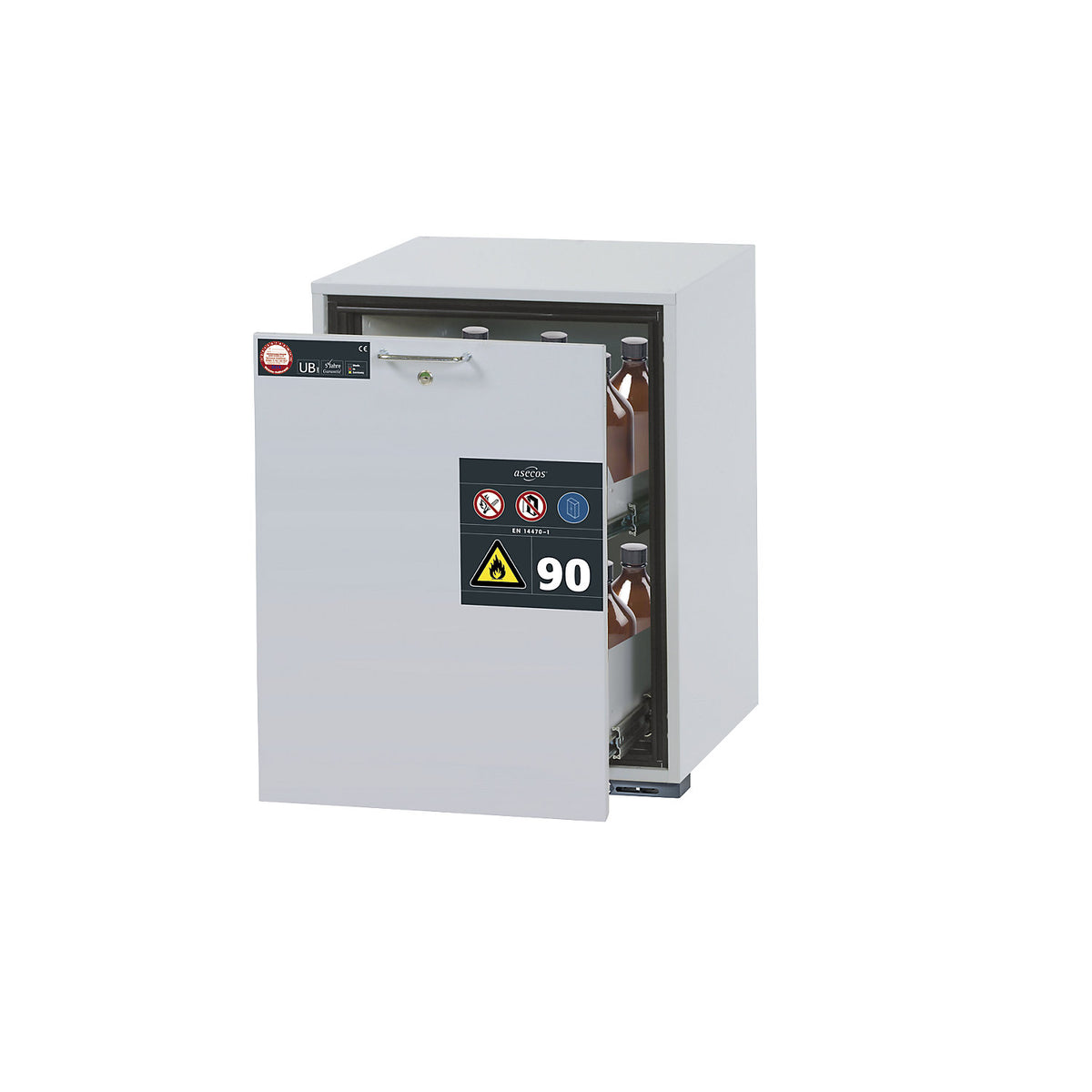 Type 90 fire resistant add-on drawer unit for hazardous goods, HxW 800 x 593 mm, drawer, perforated sheet insert, pull-out level.