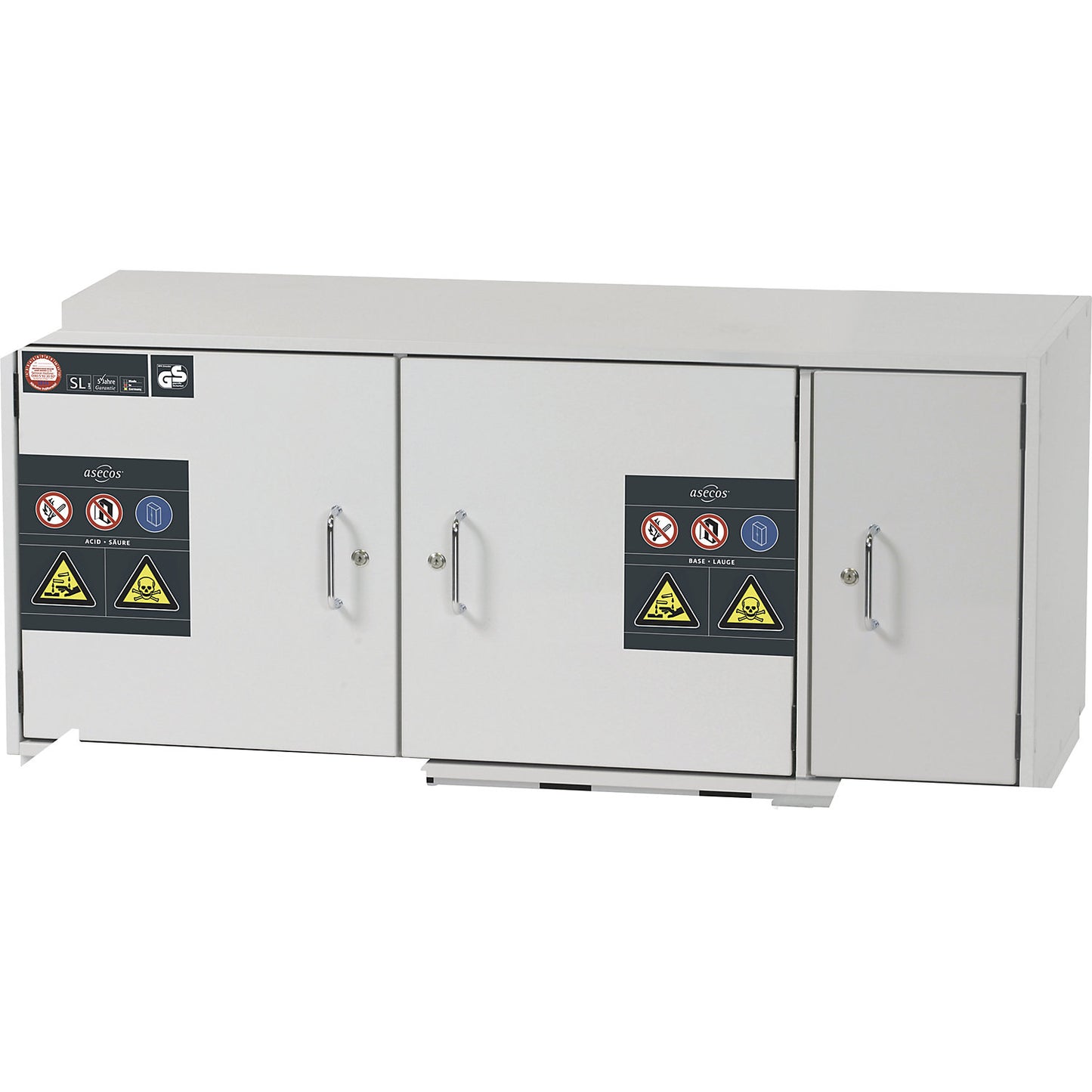 Hazardous goods base cupboard for acids and alkaline solutions, 3-door, HxWxD 600 x 1400 x 570 mm, 4 drawers.