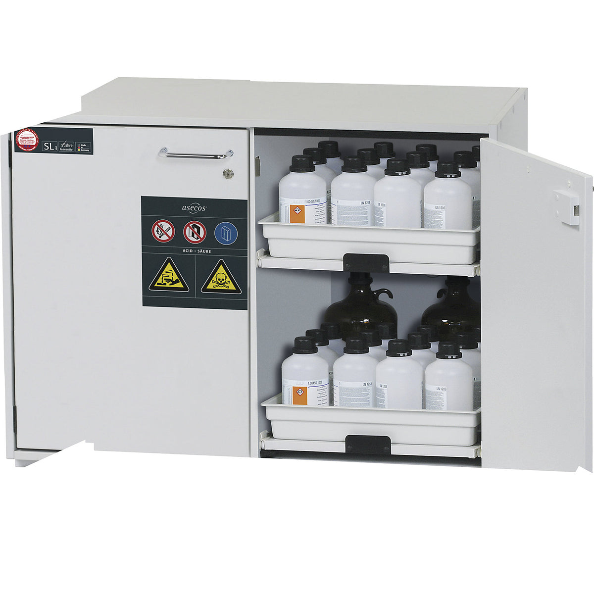 Hazardous goods base cupboard for acids and alkaline solutions, 2-door, HxWxD 800 x 1100 x 570 mm, 4 drawers.