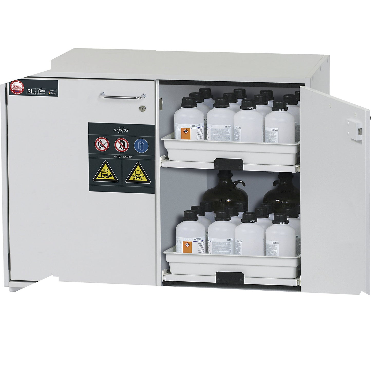 Hazardous goods base cupboard for acids and alkaline solutions, 2-door, HxWxD 800 x 1100 x 570 mm, 4 drawers.