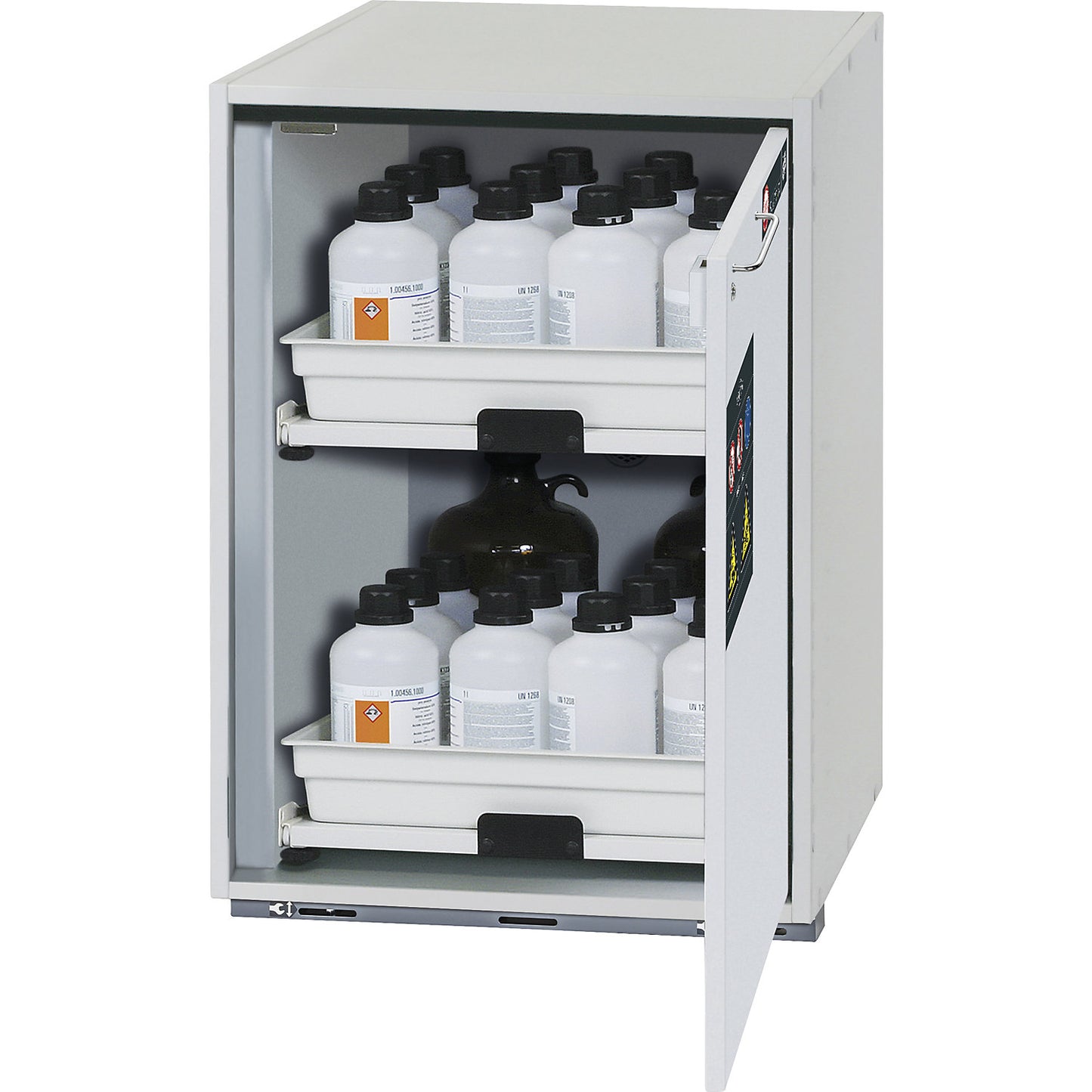 Hazardous goods base cupboard for acids and alkaline solutions, 1-door, HxWxD 800 x 590 x 570 mm, 2 drawers.