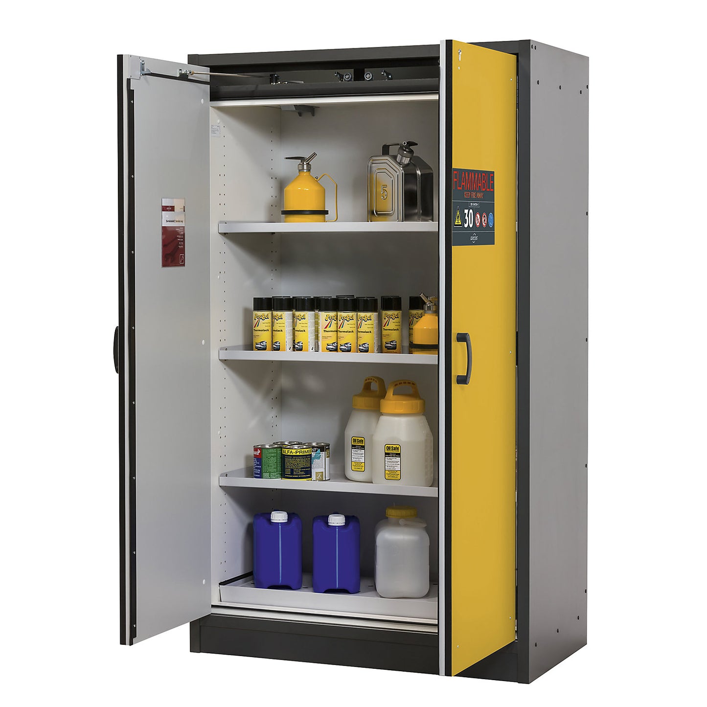 FM/UL/ULC/Type 30 fire resistant hazardous goods storage cupboard, 2-door, width 1164 mm, grey/yellow.