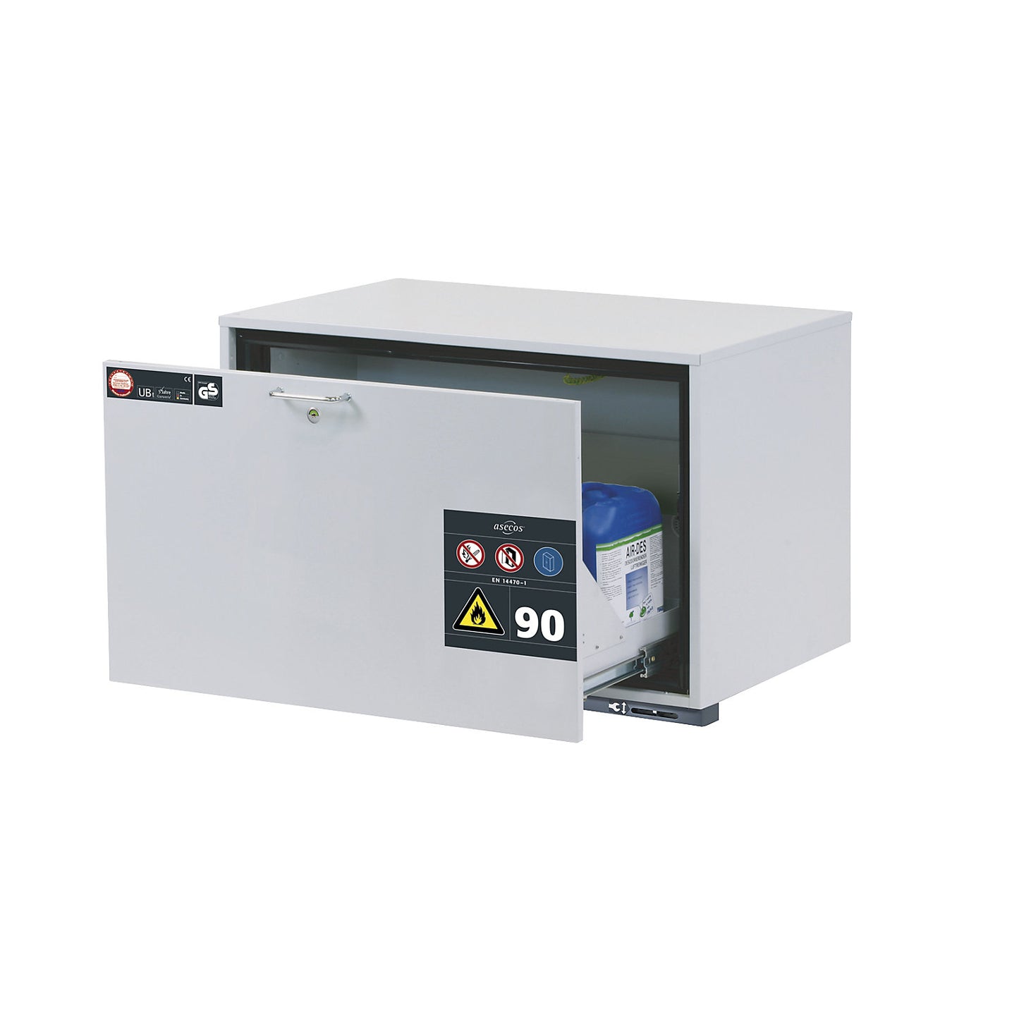 Type 90 fire resistant add-on drawer unit for hazardous goods, HxW 600 x 893 mm, 1 drawer, light grey.