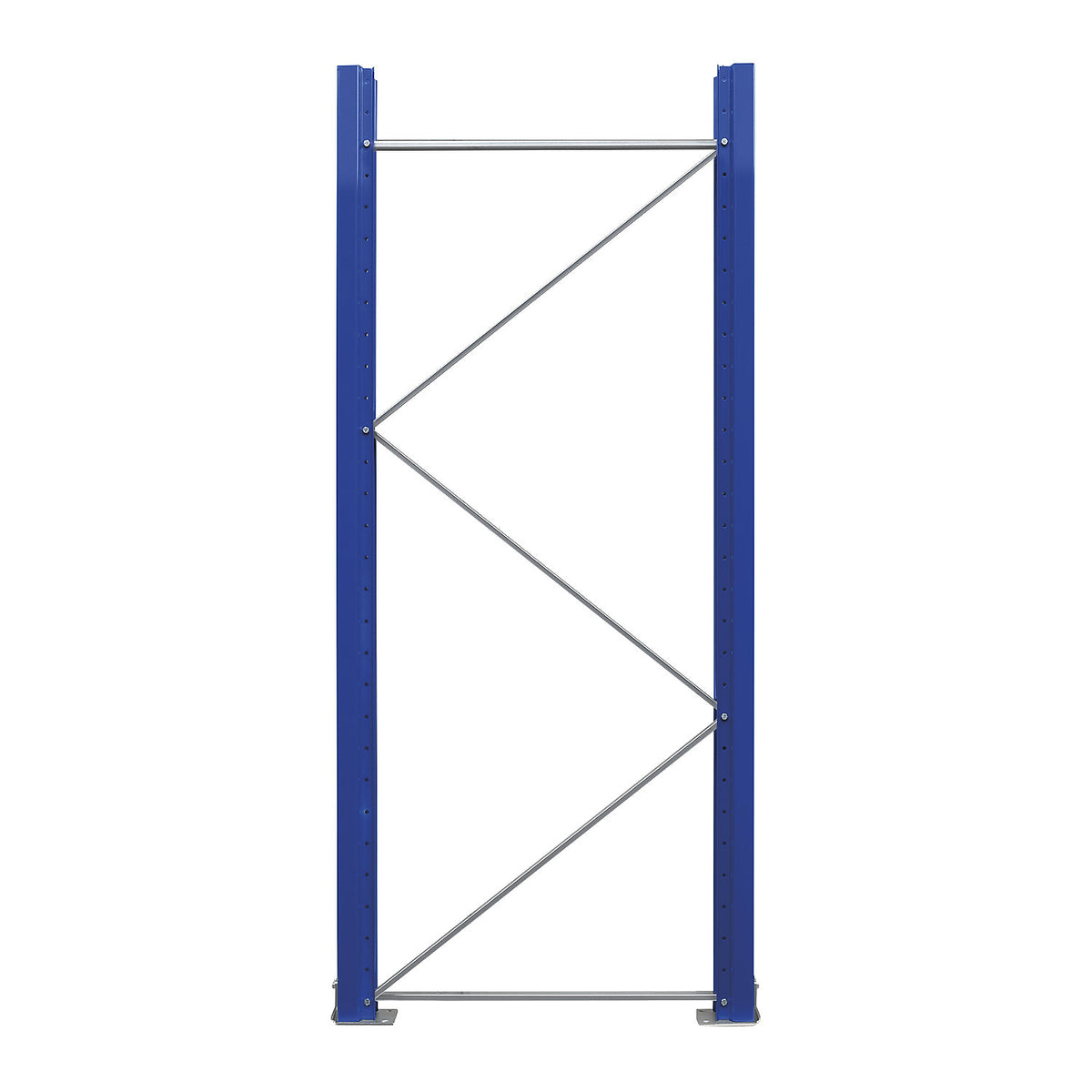 Pallet racking upright frame, pre-assembled, gentian blue RAL 5010 / zinc plated, HxD 2100 x 900 mm.