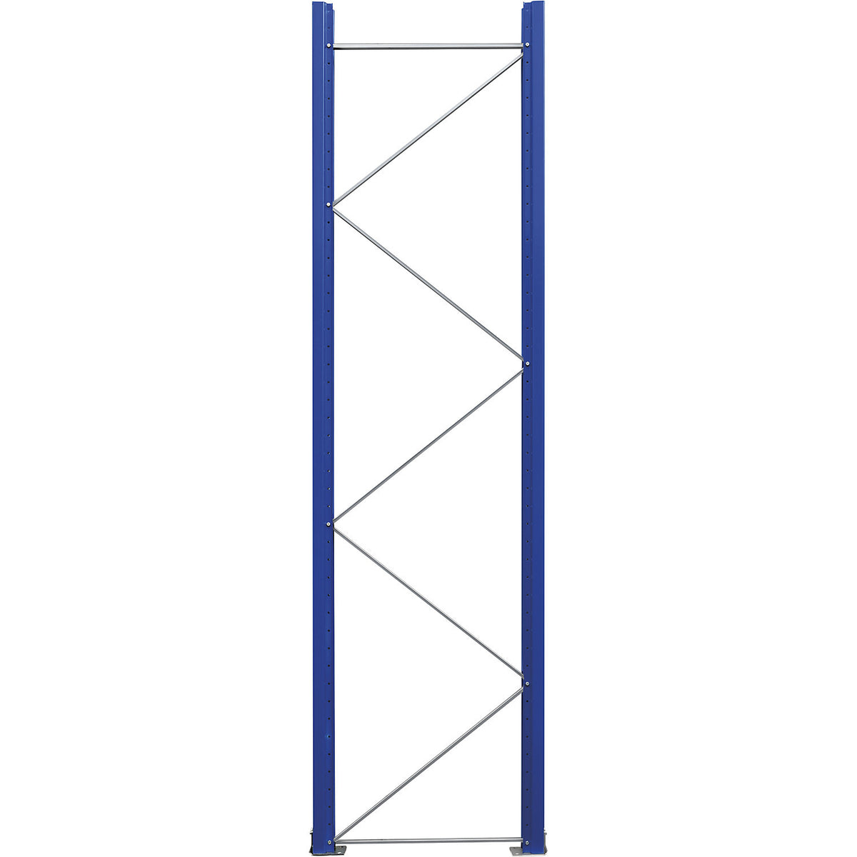 Pallet racking upright frame, pre-assembled, gentian blue RAL 5010 / zinc plated, HxD 3360 x 900 mm.