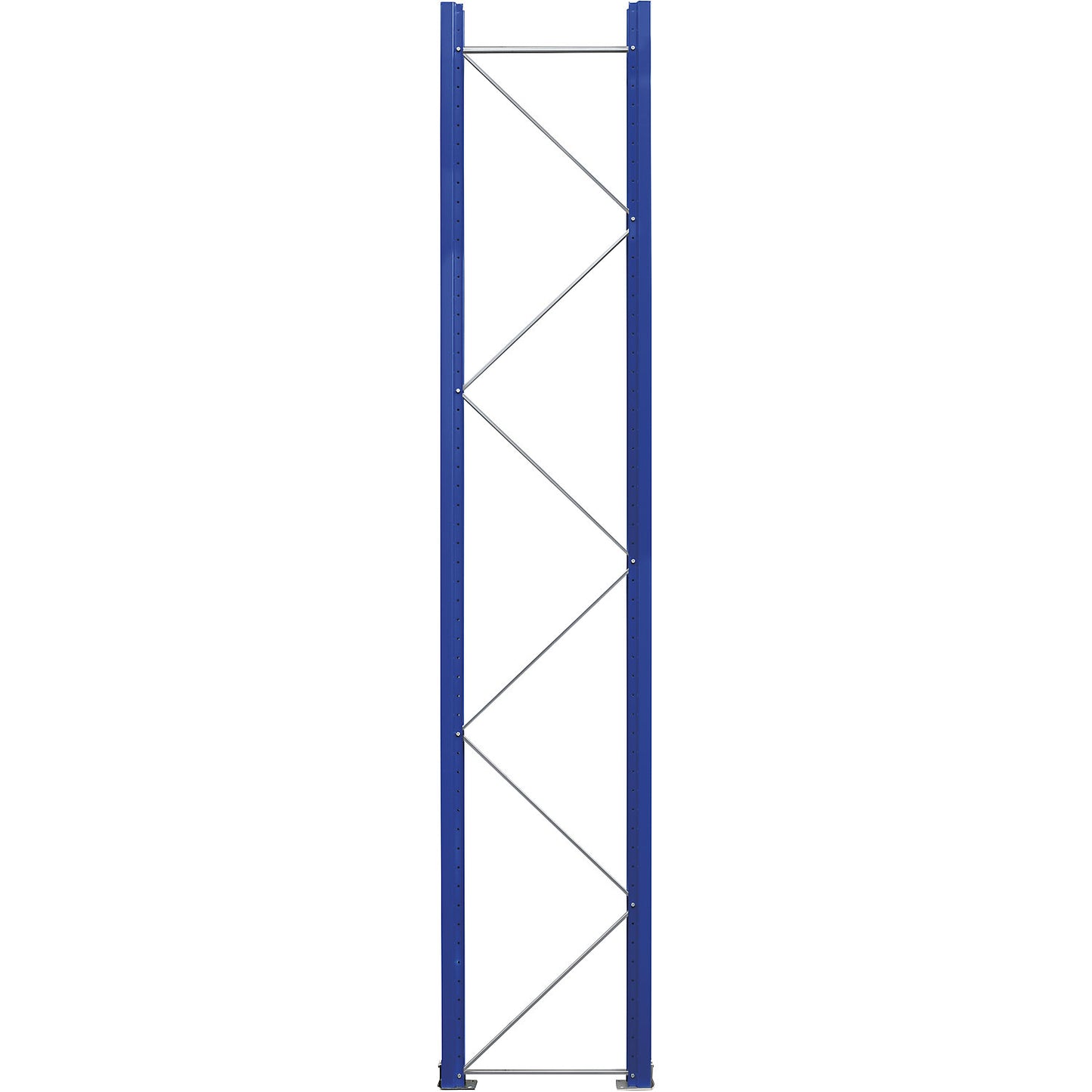 Pallet racking upright frame, flat pack, gentian blue RAL 5010 / zinc plated, HxD 3990 x 750 mm.