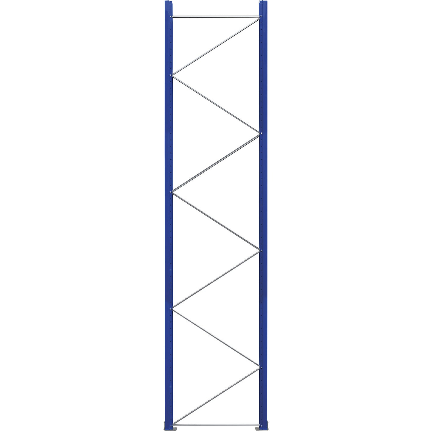 Pallet racking upright frame, flat pack, gentian blue RAL 5010 / zinc plated, HxD 4620 x 1100 mm.