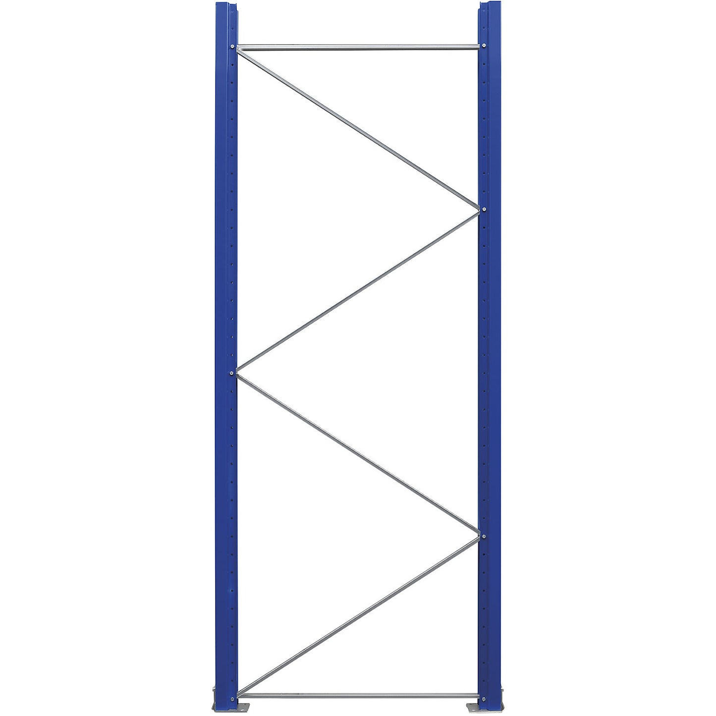 Pallet racking upright frame, pre-assembled, gentian blue RAL 5010 / zinc plated, HxD 2730 x 1100 mm.