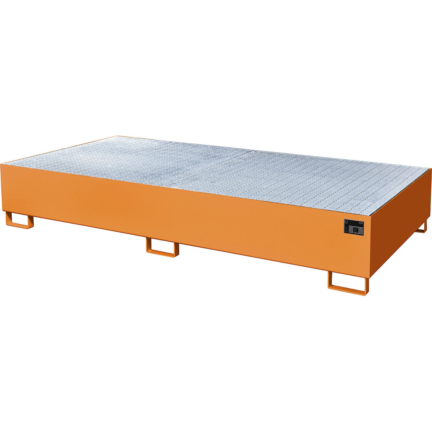 Steel sump tray for IBC/CTC tank containers, LxWxH 2650 x 1300 x 435 mm, sump capacity 1000 l, painted, orange RAL 2000.